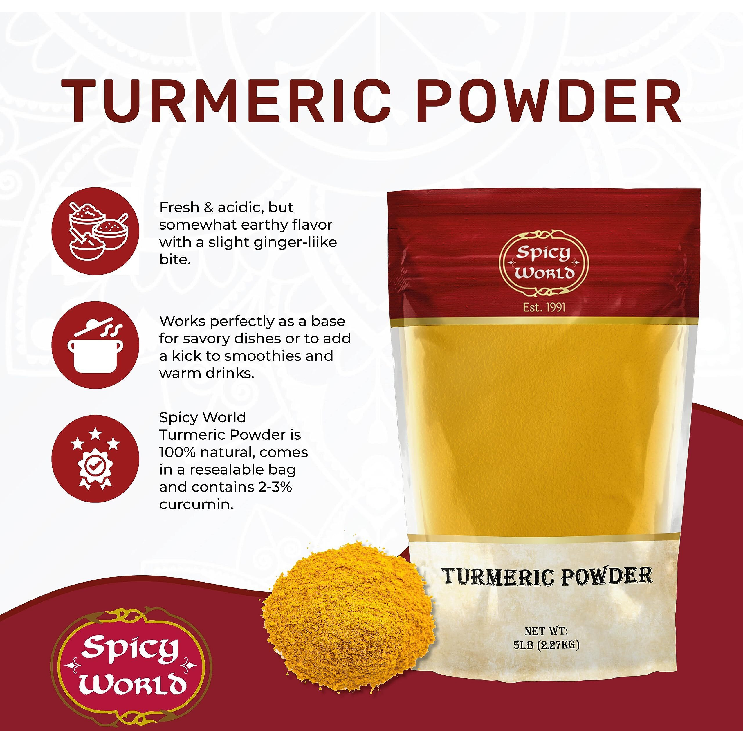 Spicy World Turmeric Powder 5 Pound Bulk Bag - Indian Turmeric Root Ground (Haldi) - Minimum Curcumin 2.5%