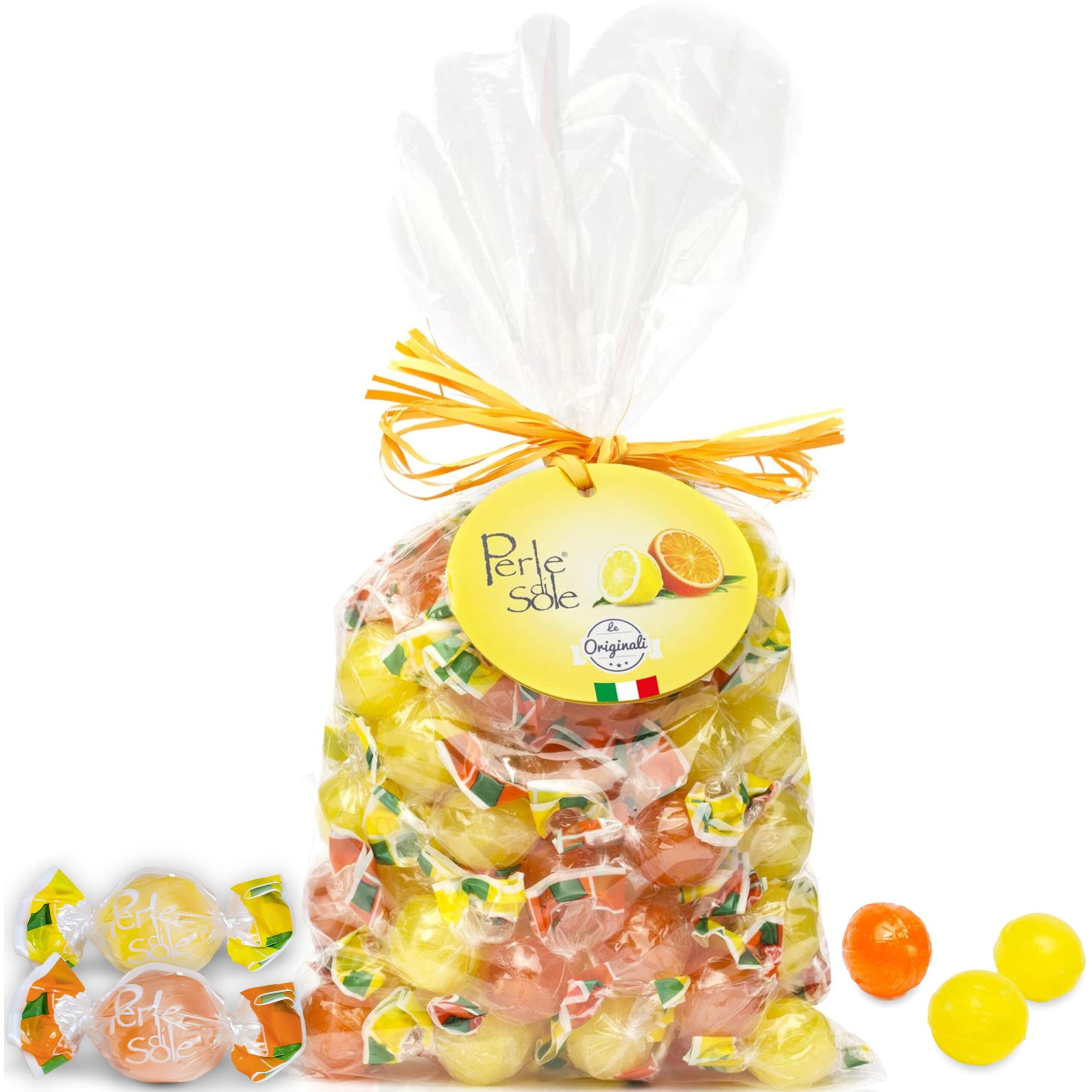 Perle Di Sole Italian Hard Candy - Assorted Orange & Lemond Drops With Fizzy Filling (17.6 Oz | 500 G) Italian Candy Individually Wrapped - Citrus Candy