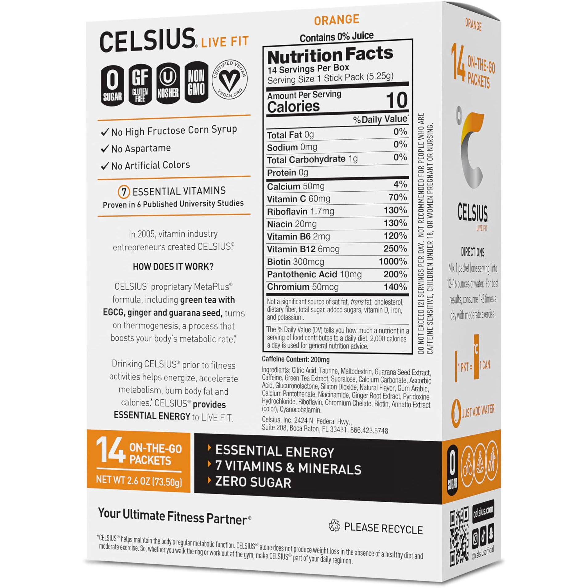 Celsius On-The-Go Powder Stick Zero Sugar (14 Sticks Per Pack), Orange, 2.60 Oz
