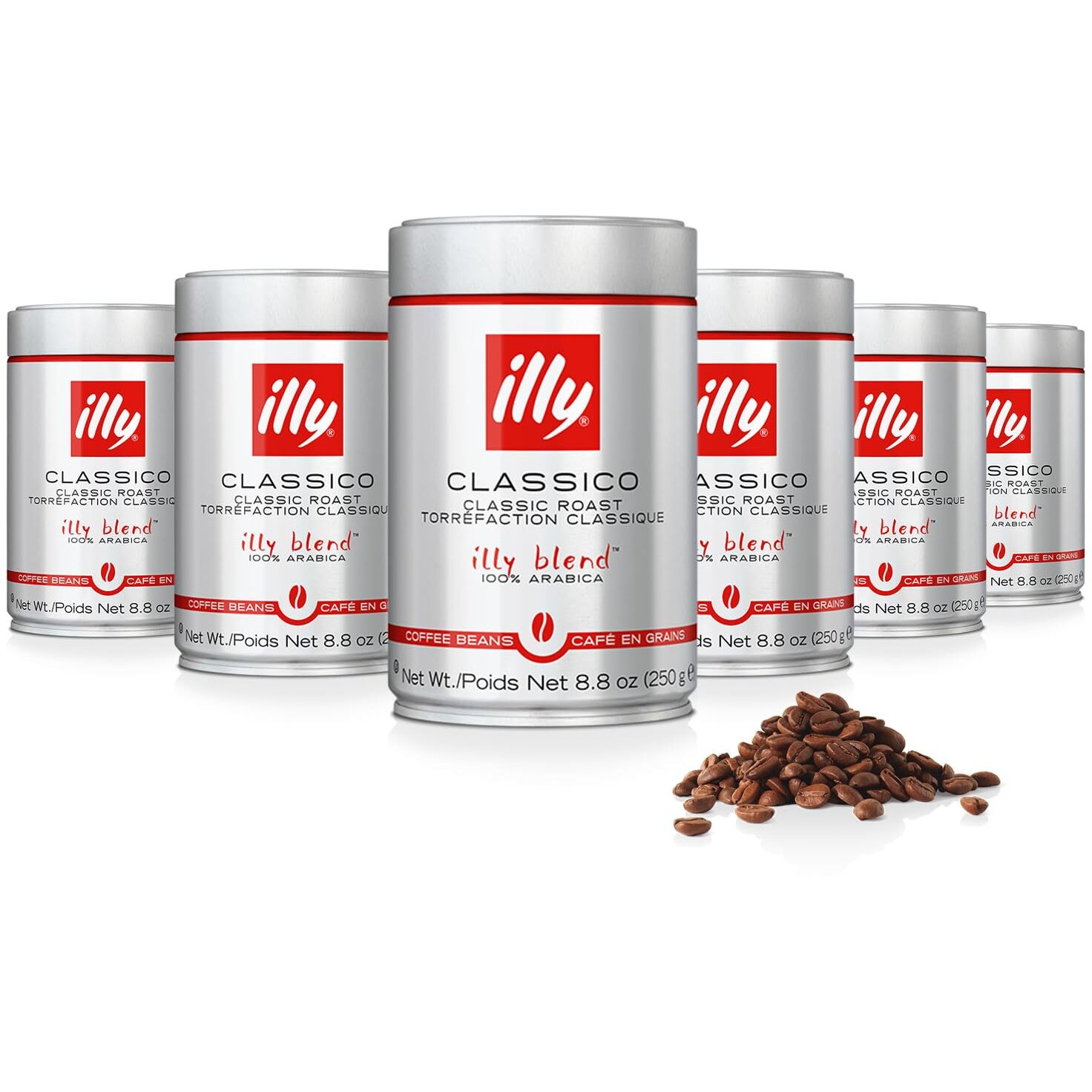 Illy Whole Bean Coffee - Perfectly Roasted Whole Coffee Beans - Classico Medium Roast - With Notes Of Caramel, Orange Blossom & Jasmine - 100% Arabica Coffee - No Preservatives - 8.8 Ounce, 6 Pack (Packaging May Vary)