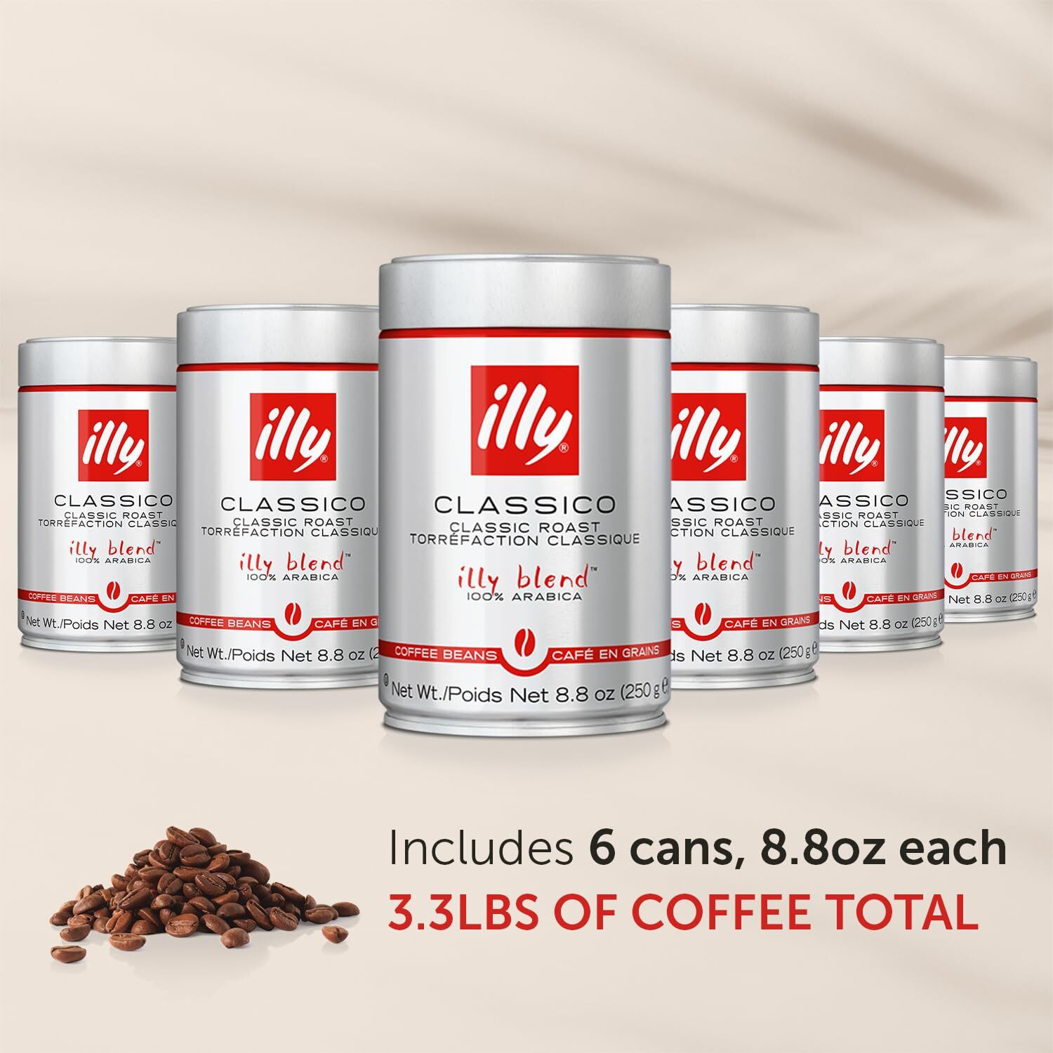 Illy Whole Bean Coffee - Perfectly Roasted Whole Coffee Beans - Classico Medium Roast - With Notes Of Caramel, Orange Blossom & Jasmine - 100% Arabica Coffee - No Preservatives - 8.8 Ounce, 6 Pack (Packaging May Vary)