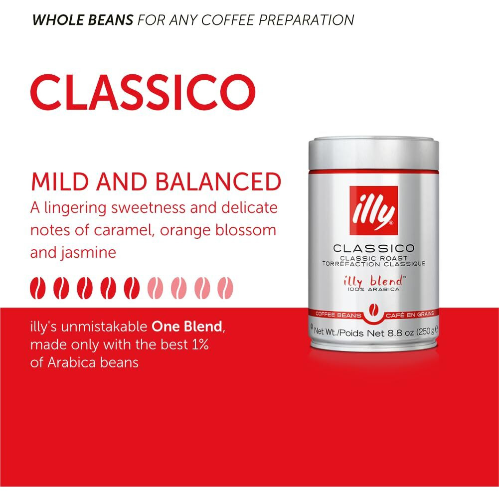 Illy Whole Bean Coffee - Perfectly Roasted Whole Coffee Beans - Classico Medium Roast - With Notes Of Caramel, Orange Blossom & Jasmine - 100% Arabica Coffee - No Preservatives - 8.8 Ounce, 6 Pack (Packaging May Vary)