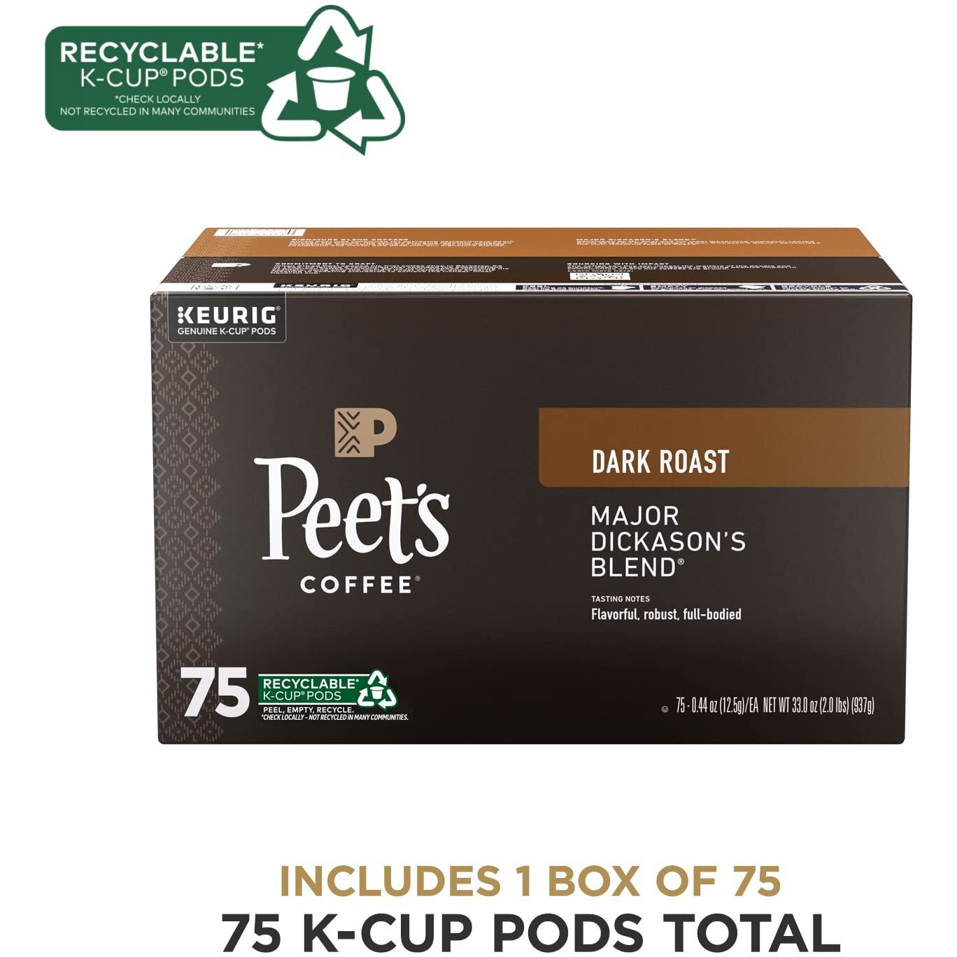 Peet's Coffee, Dark Roast K-Cup Pods For Keurig Brewers - Major Dickason's Blend 75 Count (1 Box Of 75 K-Cup Pods)