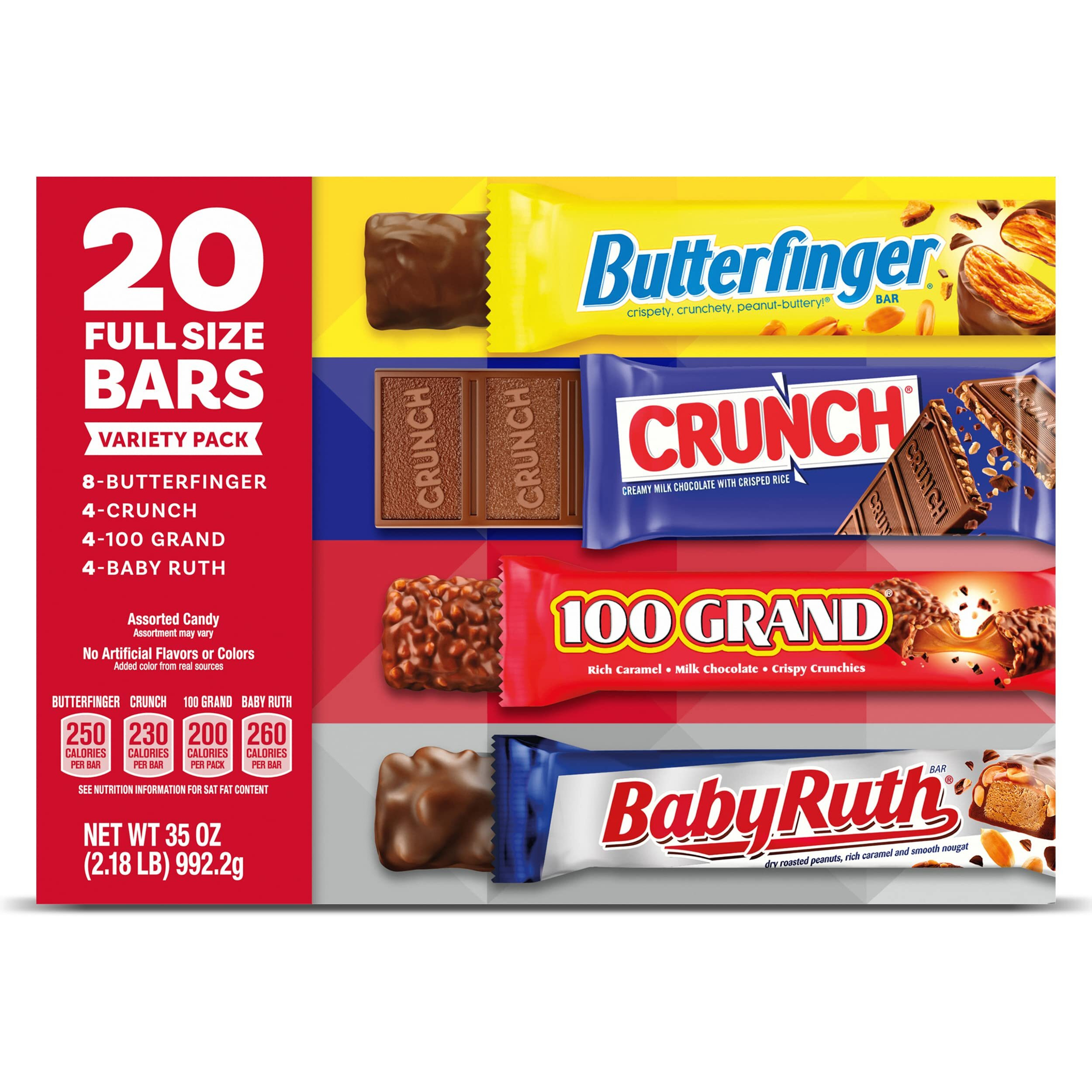 Butterfinger, Crunch, Baby Ruth And 100 Grand, Bulk 20 Pack, Assorted Full Size Chocolate Candy Bars, 35 Oz