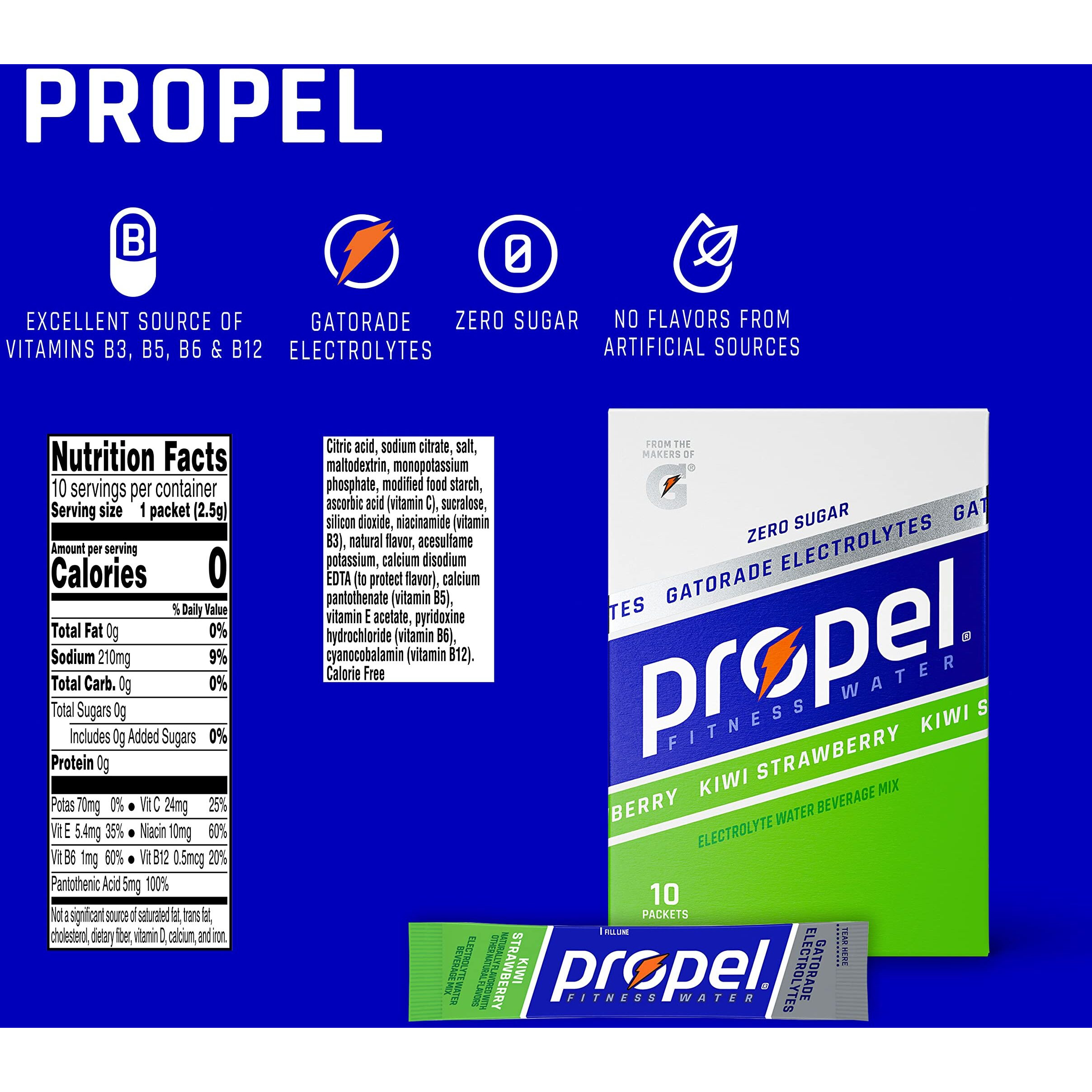 Propel Powder Packets, Kiwi Strawberry With Electrolytes, Vitamins And No Sugar, Pack Of 12, 10 Packets Each, Total 120 Packets (Packaging May Vary)