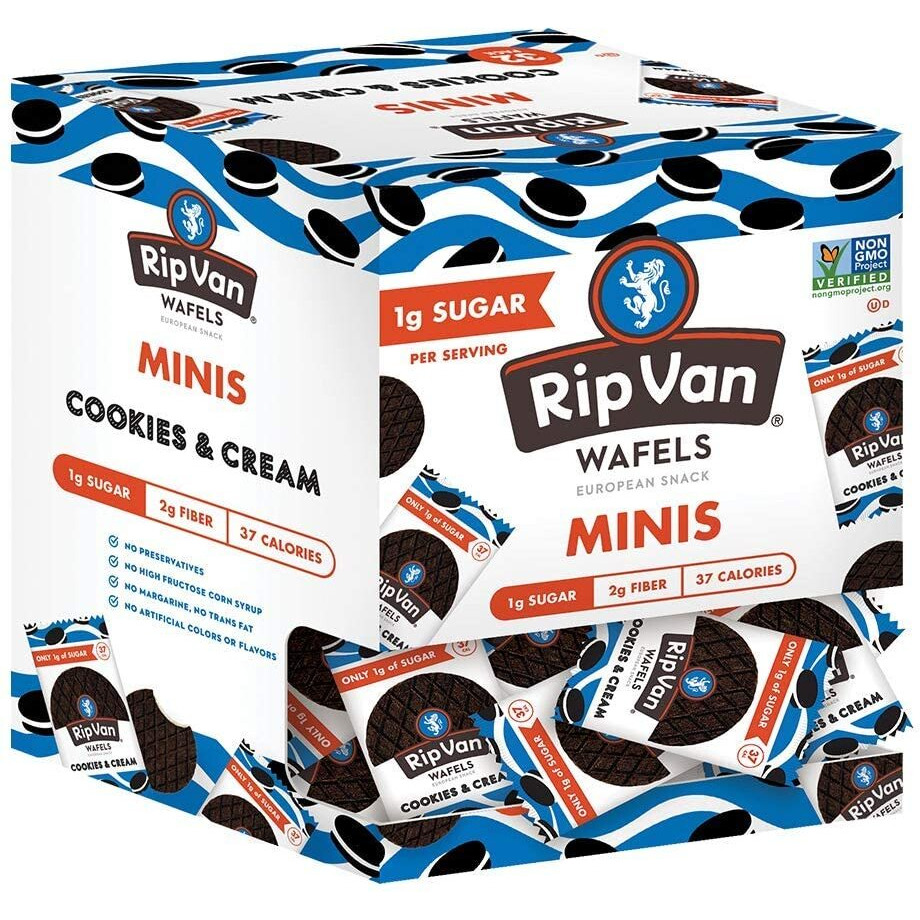 Rip Van Wafels Cookies & Cream Mini Stroopwafels - Low Carb Snacks (3G Net Carbs) - Non Gmo Snack - Keto Friendly - Office Snacks - Low Calorie Snack (37 Calories) - Low Sugar (1G) - 32 Pack