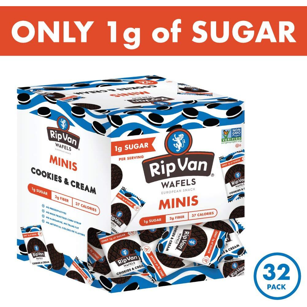 Rip Van Wafels Cookies & Cream Mini Stroopwafels - Low Carb Snacks (3G Net Carbs) - Non Gmo Snack - Keto Friendly - Office Snacks - Low Calorie Snack (37 Calories) - Low Sugar (1G) - 32 Pack