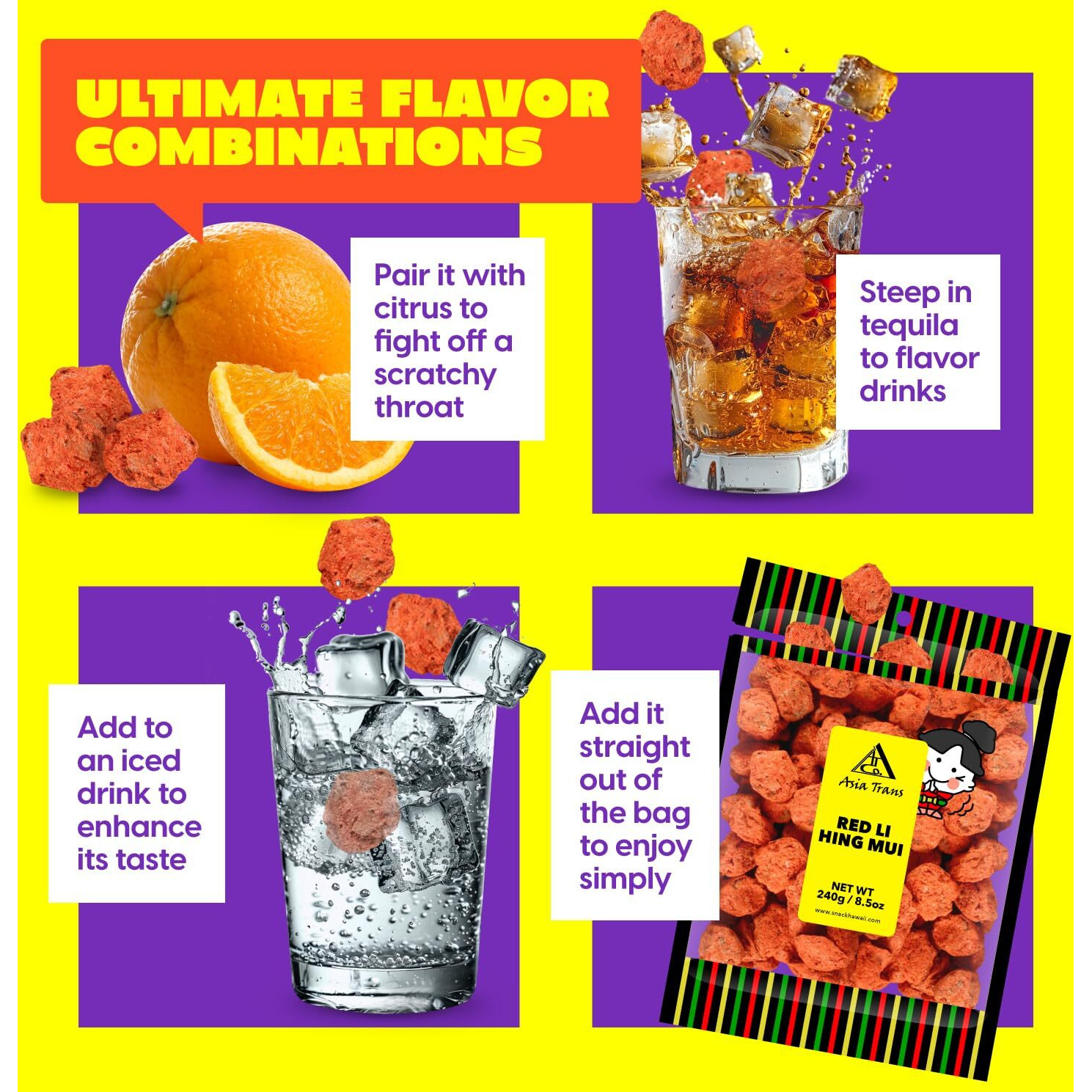 Asia Trans Seeded Red Li Hing Mui Crack Seed Plums - Hawaiian Favorite - Sweet, Sour, & Salty Dried Asian Plum