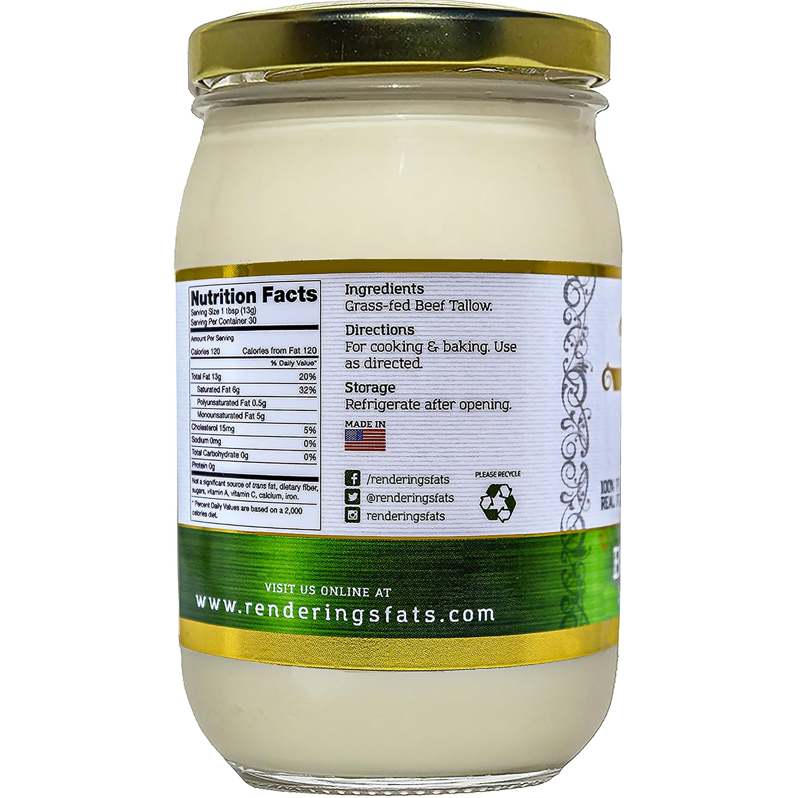 Renderings Beef Tallow, 100% Grass-Fed & Finished, Cooking, Baking And Frying, 14 Oz Jar