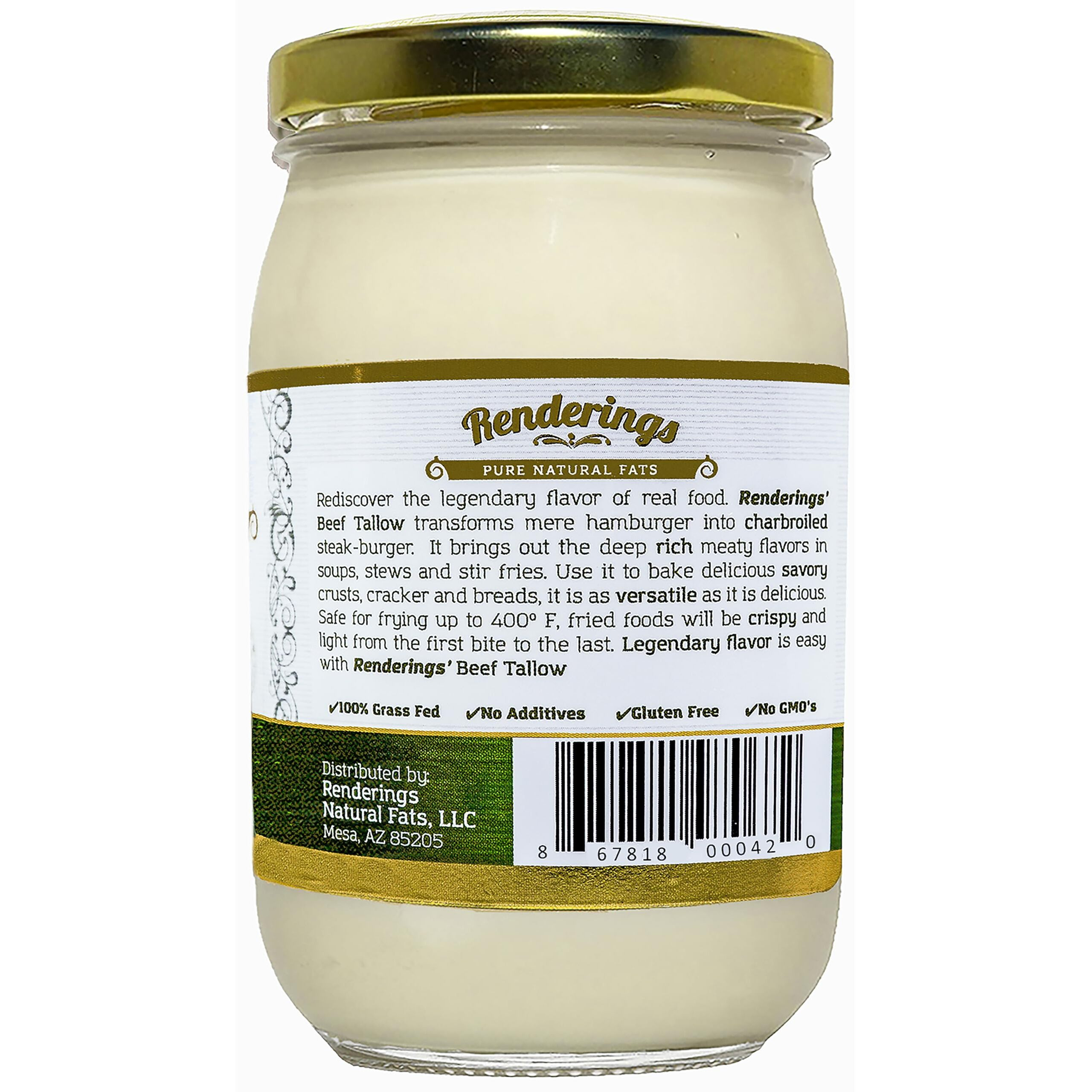 Renderings Beef Tallow, 100% Grass-Fed & Finished, Cooking, Baking And Frying, 14 Oz Jar