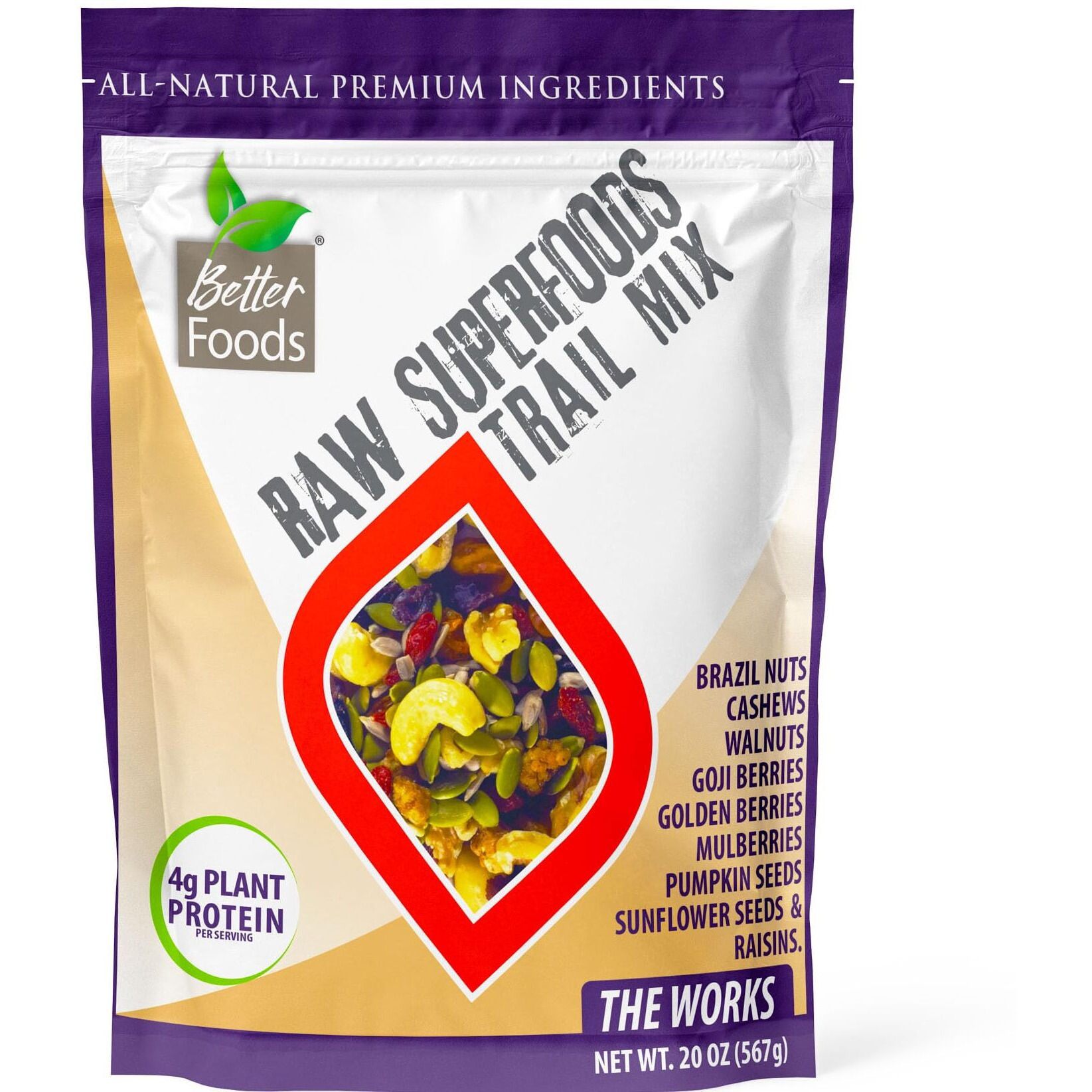 Betterfoods Raw Superfoods Trail Mix - The Works | Cashews, Mulberries, Pumpkin Seeds, Sunflower Seeds, Brazil Nuts, Goji Berries, Golden Berries, Vegan, Gluten-Free, No Added Sugar | 20Oz, Pack Of 1