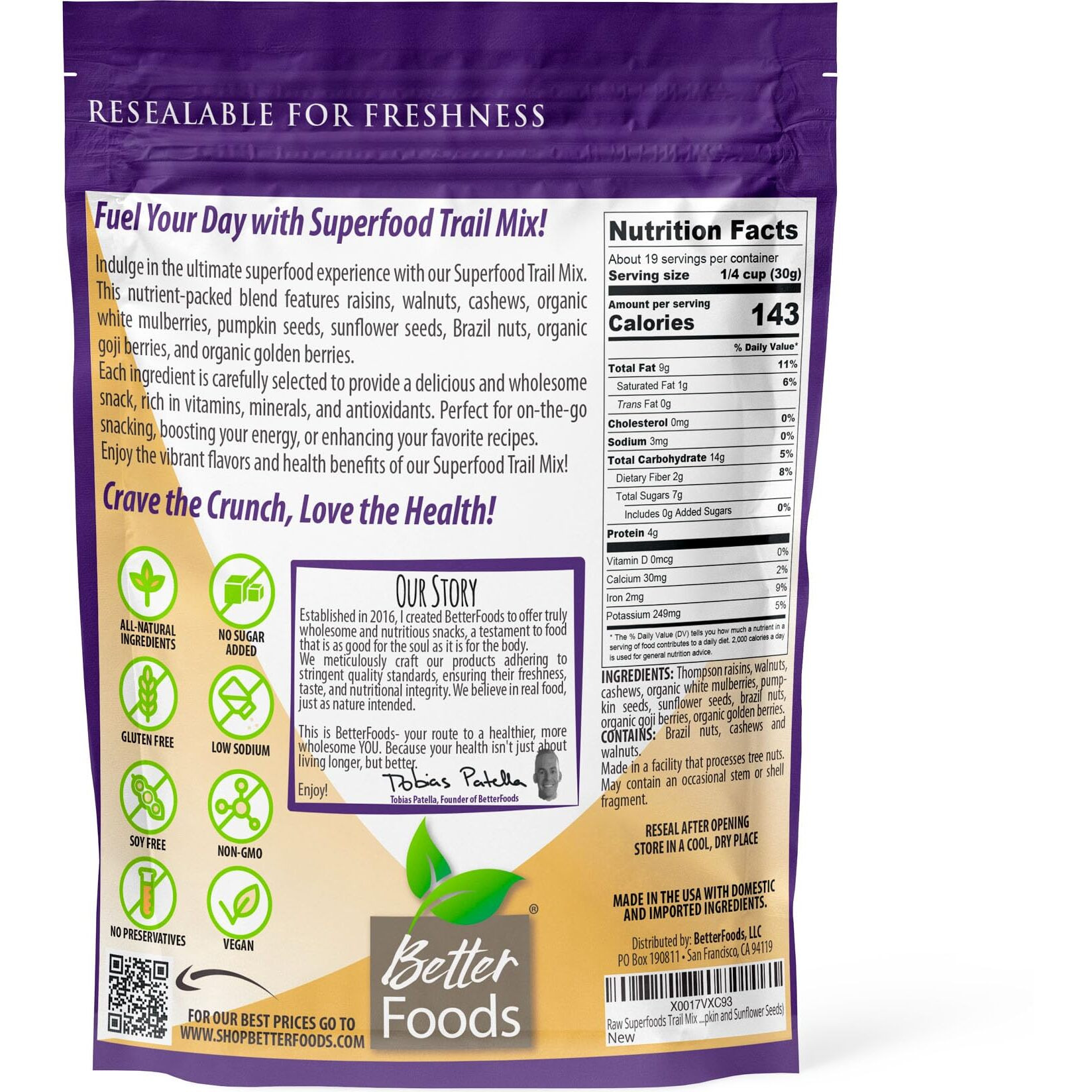 Betterfoods Raw Superfoods Trail Mix - The Works | Cashews, Mulberries, Pumpkin Seeds, Sunflower Seeds, Brazil Nuts, Goji Berries, Golden Berries, Vegan, Gluten-Free, No Added Sugar | 20Oz, Pack Of 1