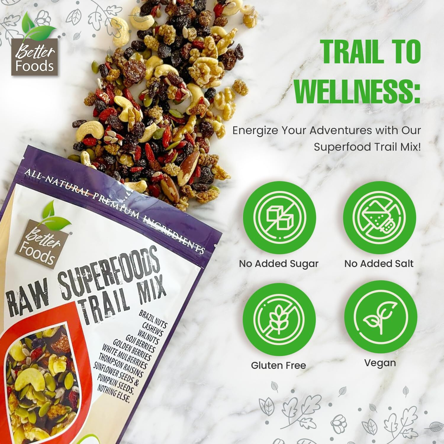 Betterfoods Raw Superfoods Trail Mix - The Works | Cashews, Mulberries, Pumpkin Seeds, Sunflower Seeds, Brazil Nuts, Goji Berries, Golden Berries, Vegan, Gluten-Free, No Added Sugar | 20Oz, Pack Of 1
