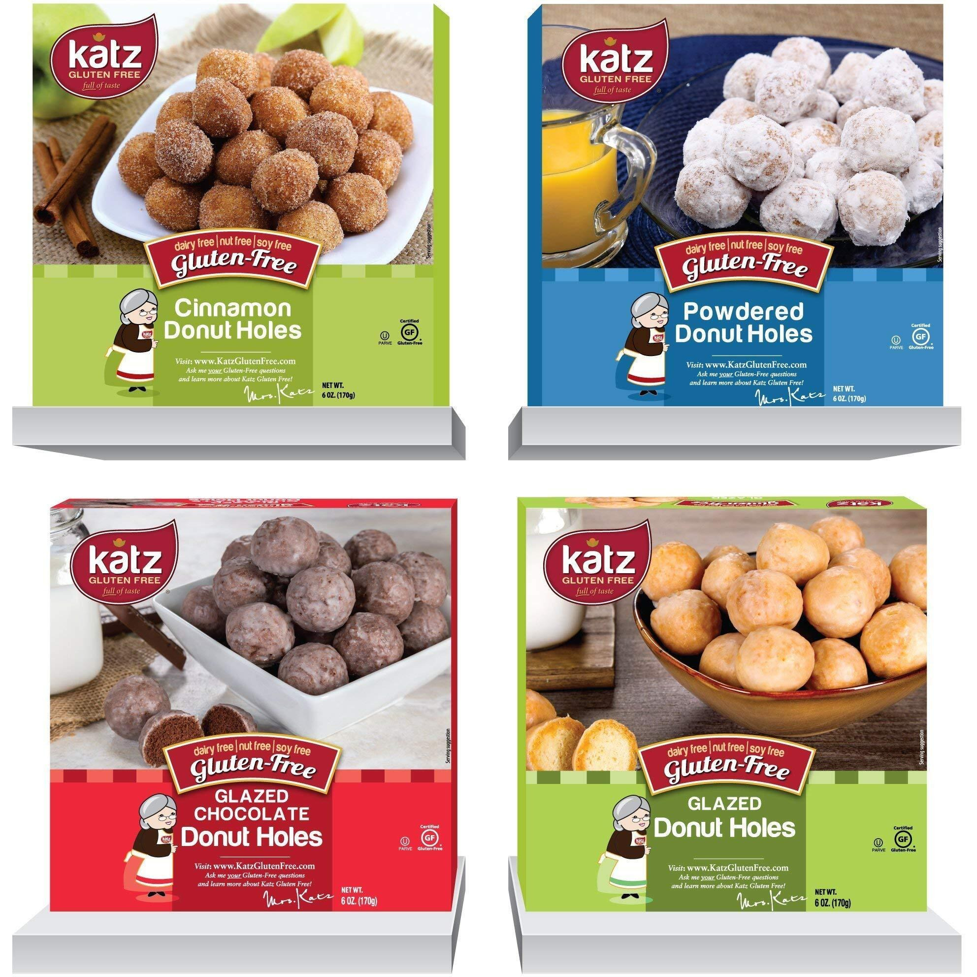Katz Gluten Free Snacks Donut Holes Variety Pack, Powdered, Glazed, Glazed Chocolate, Cinnamon. Dairy Free, Nut Free, Soy Free, Gluten Free, Kosher (1 Pack Of Each)