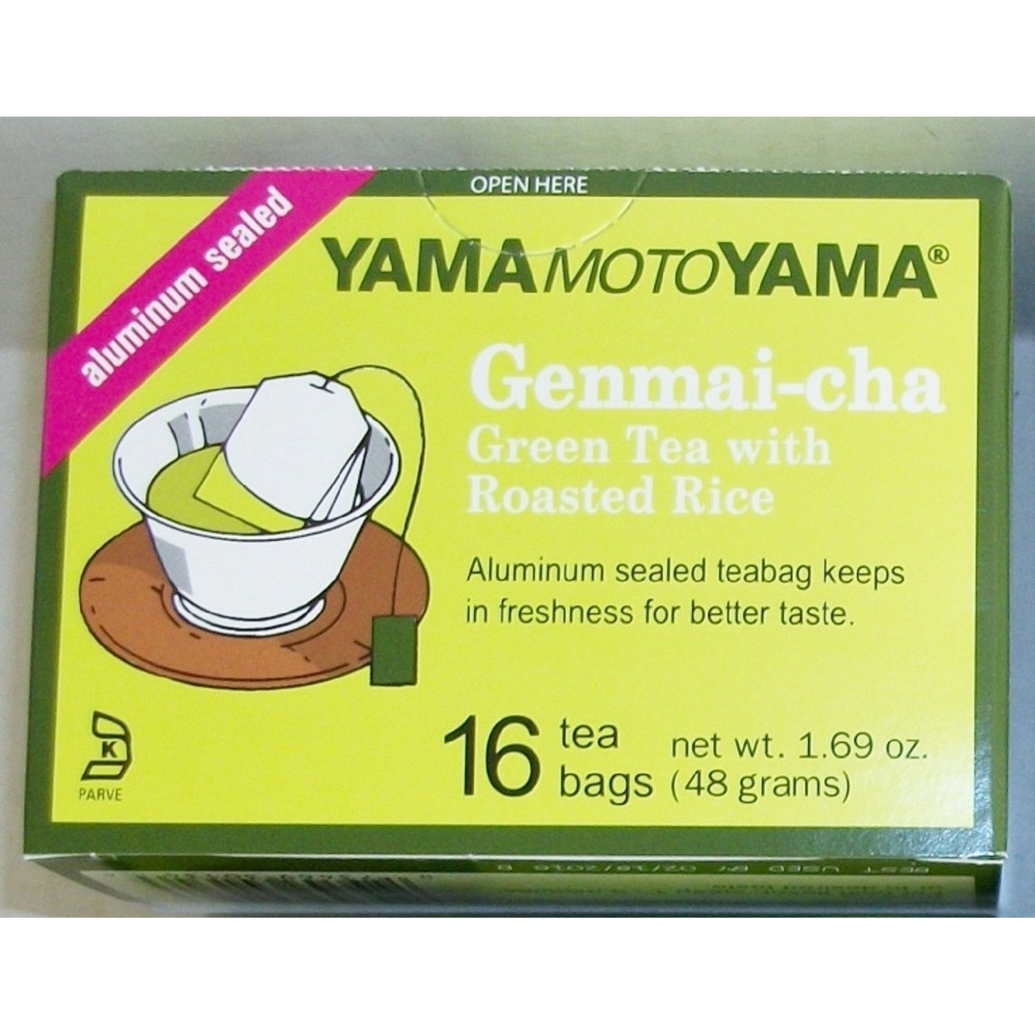 Yamamotoyama Genmai-Cha Green Tea With Roasted Rice 16 Count Tea Bags Aluminum Sealed (3 Pack)