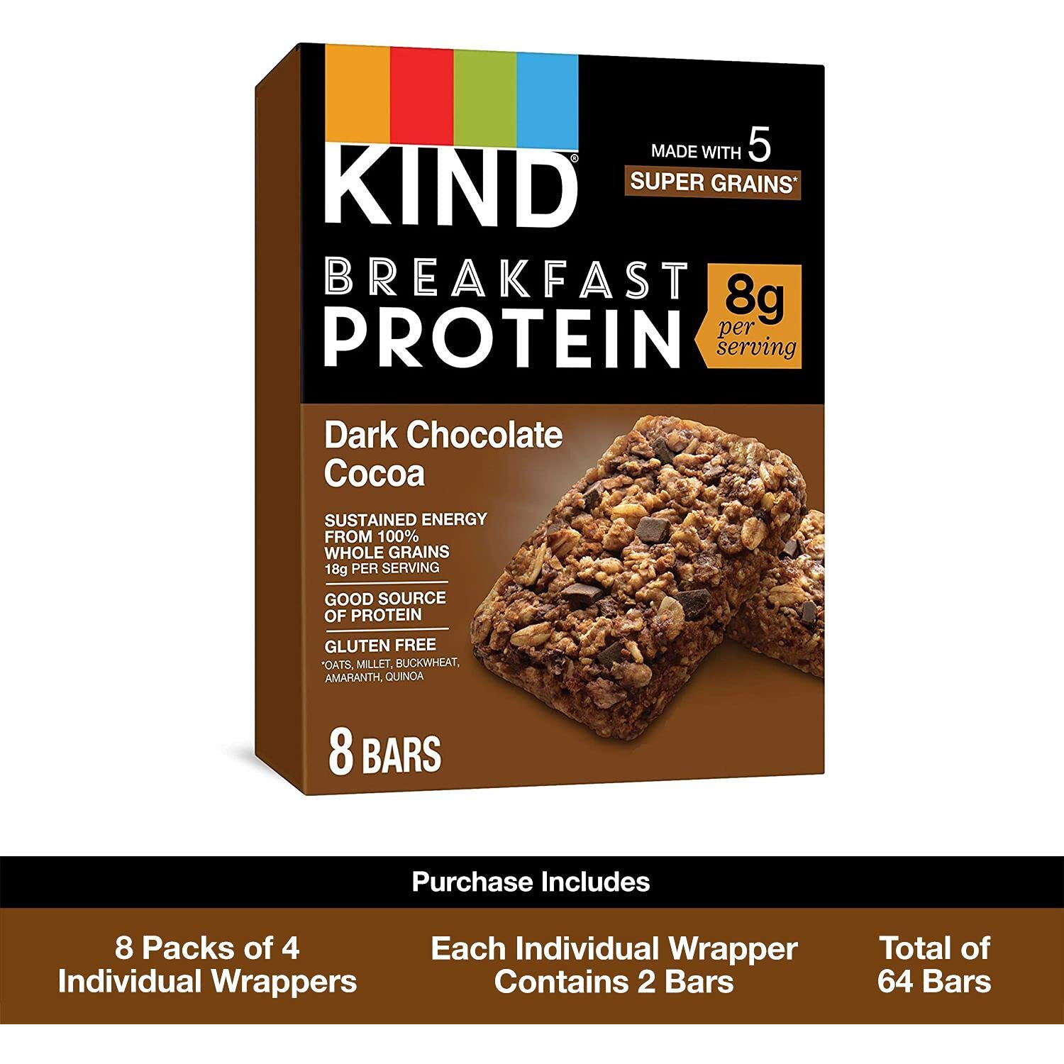 Kind Breakfast Protein Bars, Dark Chocolate Cocoa, Healthy Snacks, Gluten Free, 8G Protein, 32 Count