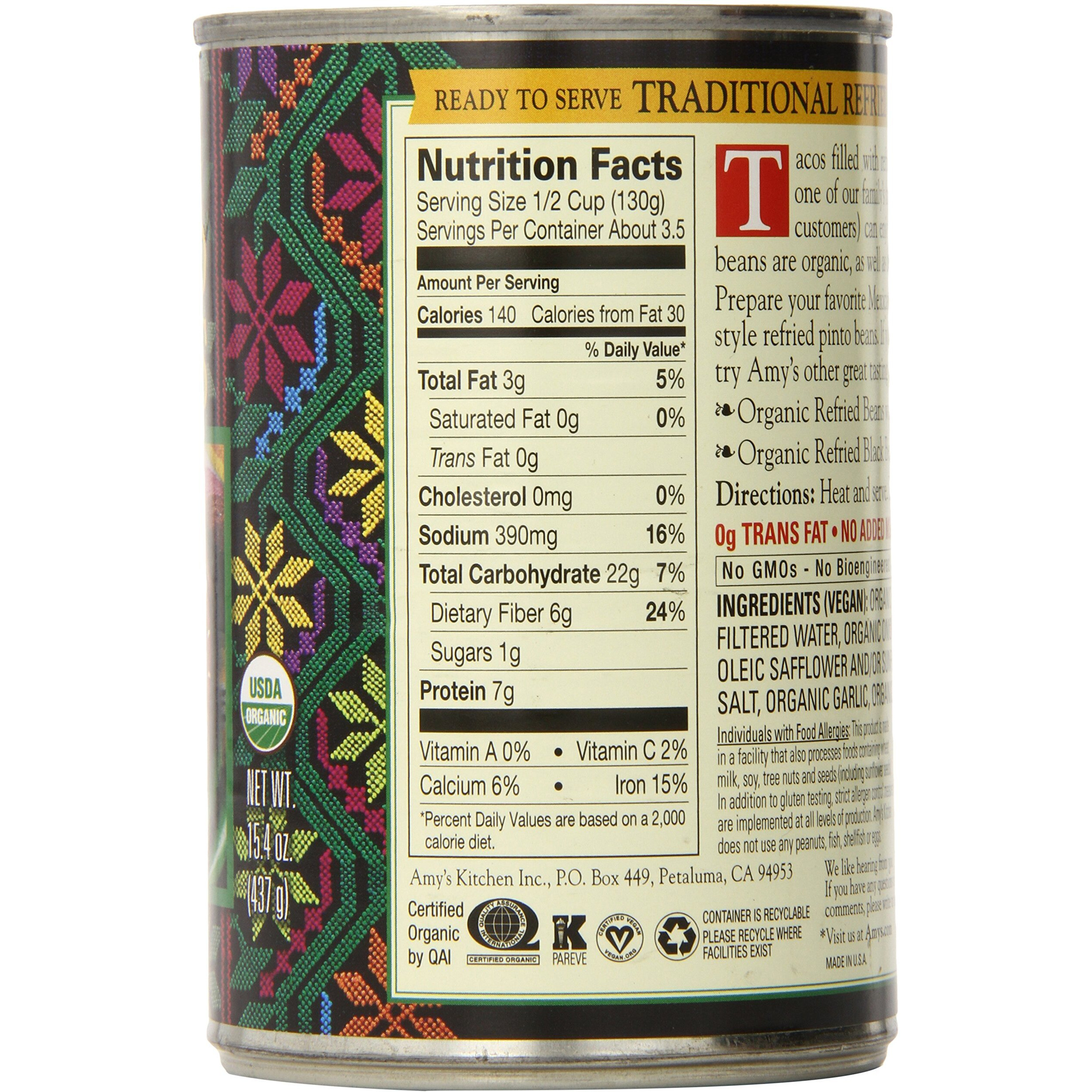 Amy's Organic Refried Beans Canned, Traditional Refried Beans, Vegan, Gluten Free And Vegetarian, 15.4 Oz (6 Pack)