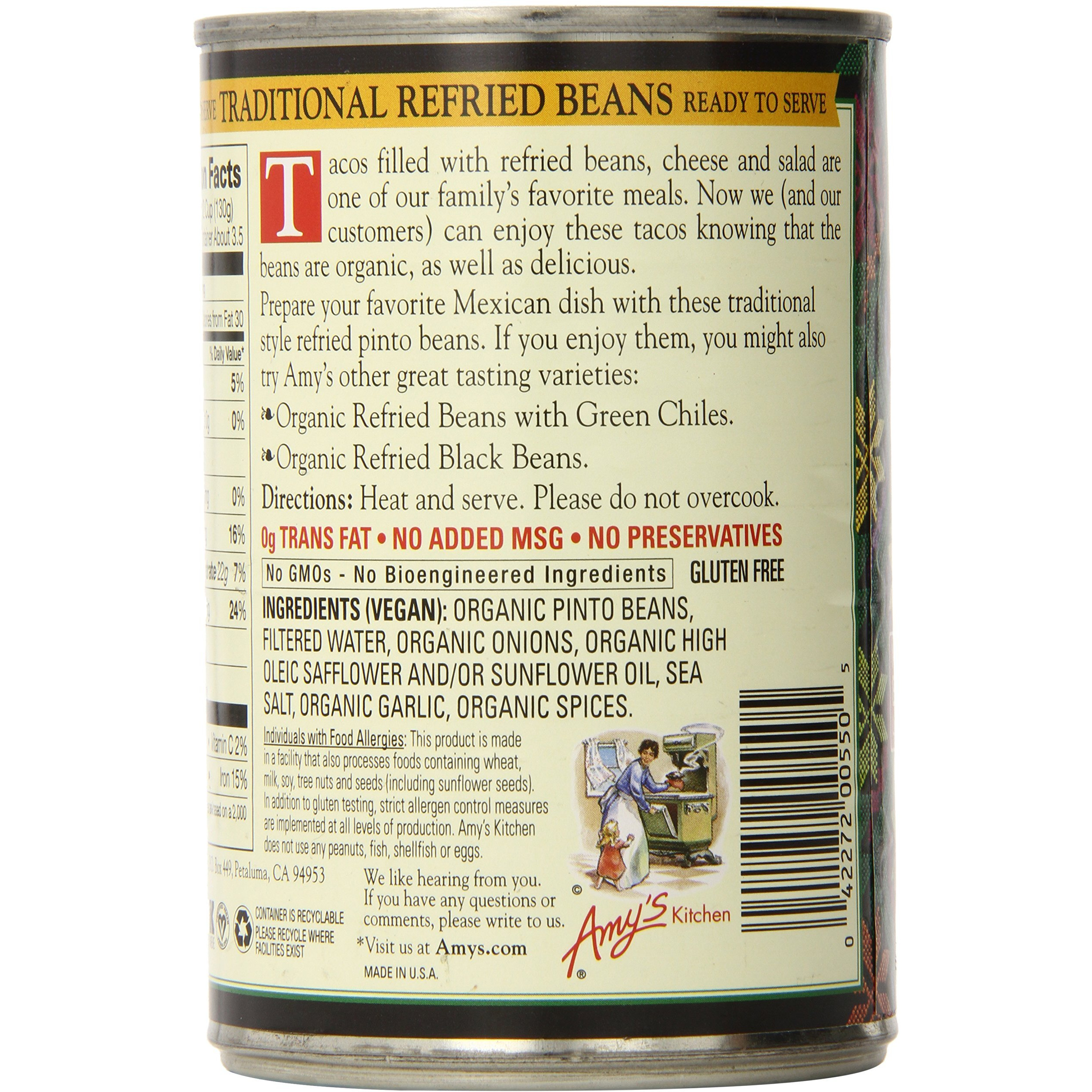 Amy's Organic Refried Beans Canned, Traditional Refried Beans, Vegan, Gluten Free And Vegetarian, 15.4 Oz (6 Pack)