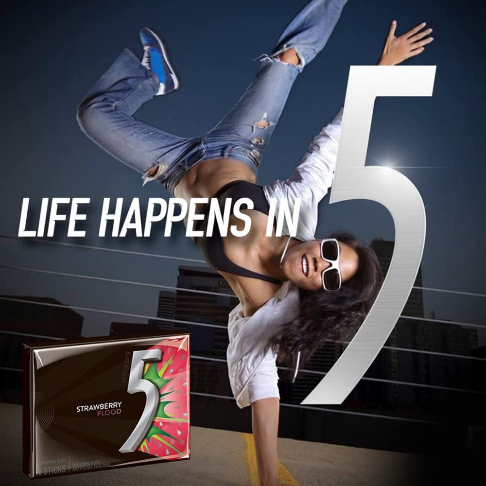 5 Gum Sour Strawberry Sugar Free Chewing Gum Bulk Pack, 15 Stick (Pack Of 10)