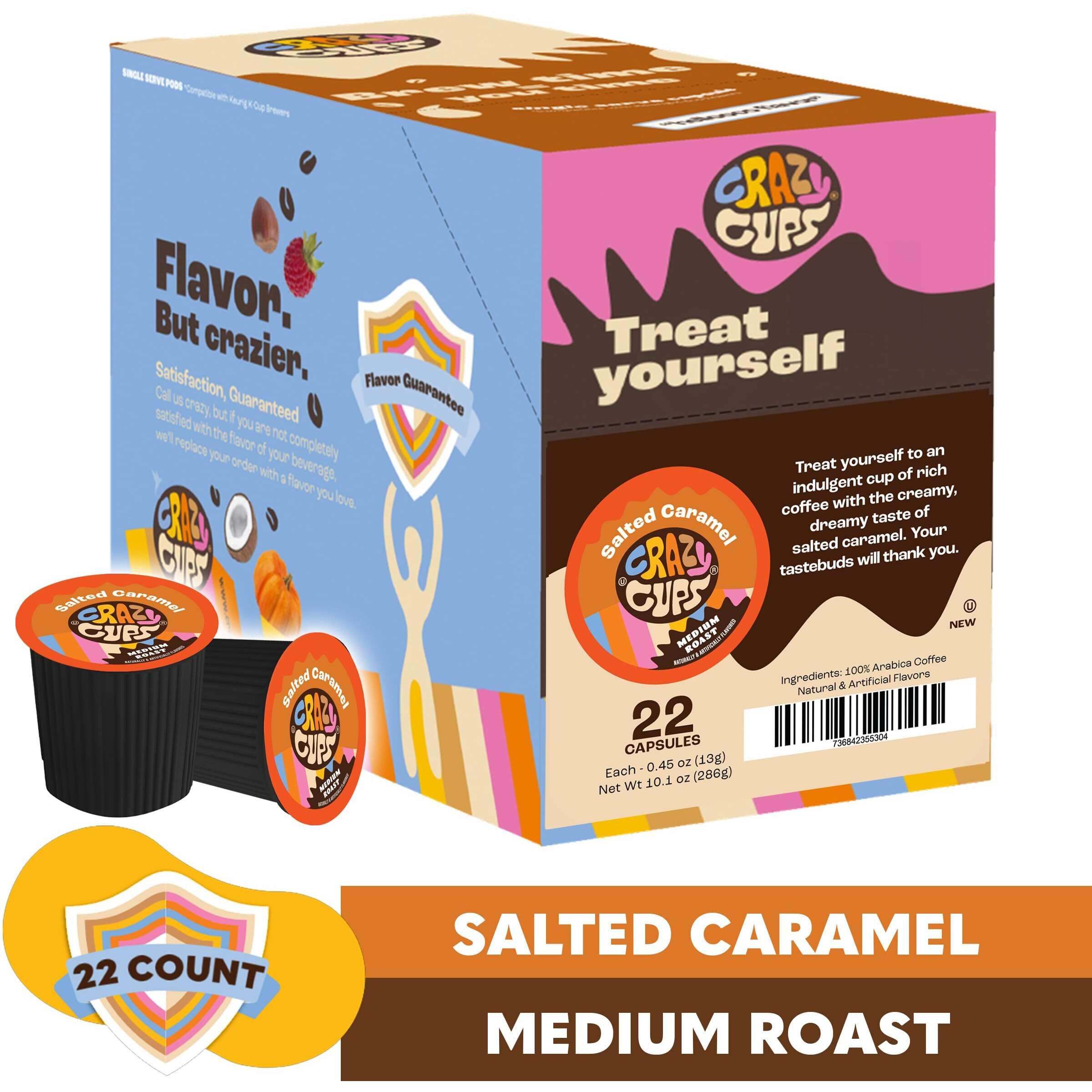 Crazy Cups Flavored Coffee For Keurig K-Cup Machines, Salted Caramel, Hot Or Iced Drinks, 22 Single Serve, Recyclable Pods