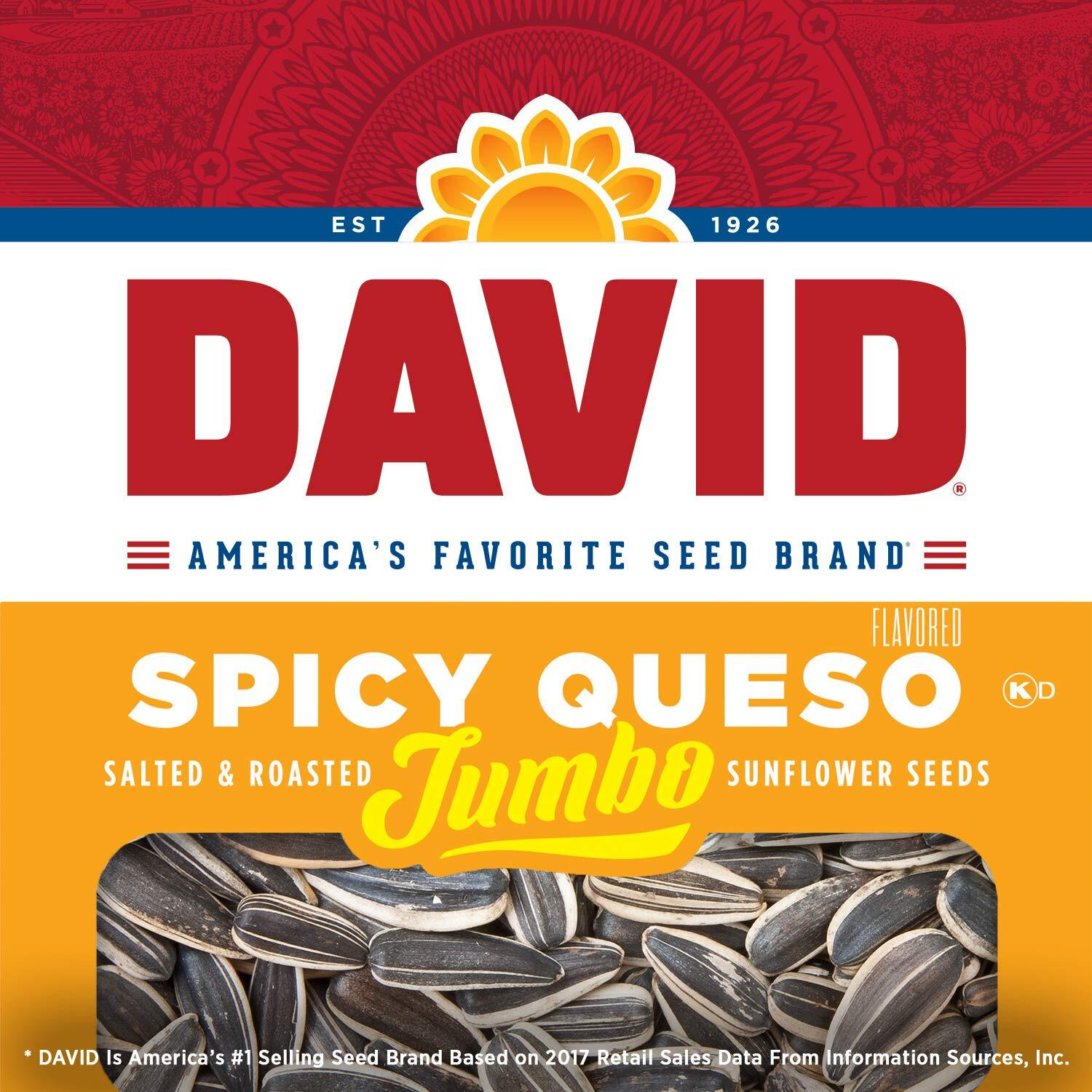 David Seeds Spicy Queso Flavored Salted And Roasted Jumbo Sunflower Seeds, Keto Friendly Snack, 5.25 Oz Bags, 12 Pack