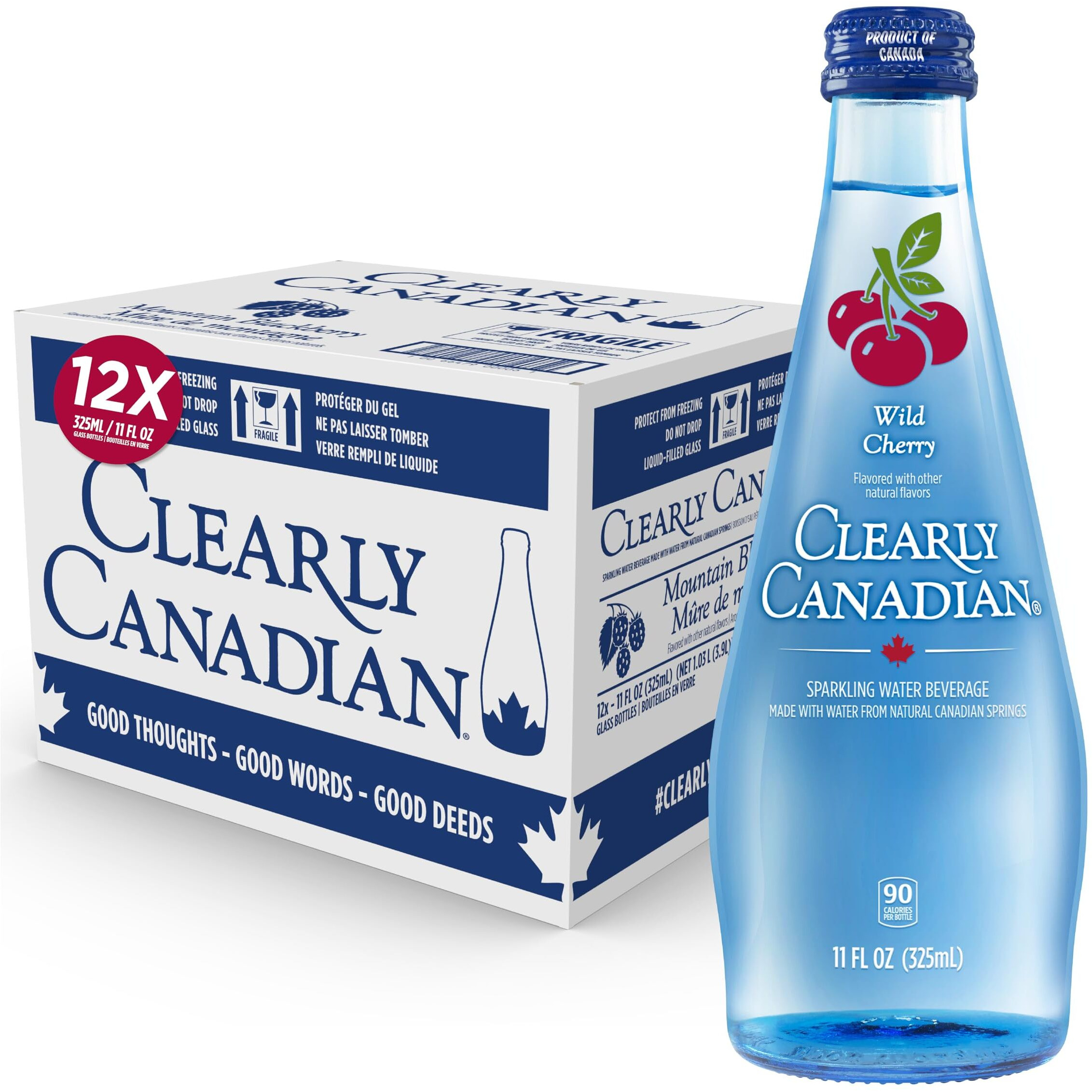 Clearly Canadian Wild Cherry Sparkling Spring Water Beverage, Natural & Carbonated, Flavored Seltzer Water, 1 Case (12 Bottles X 325Ml)