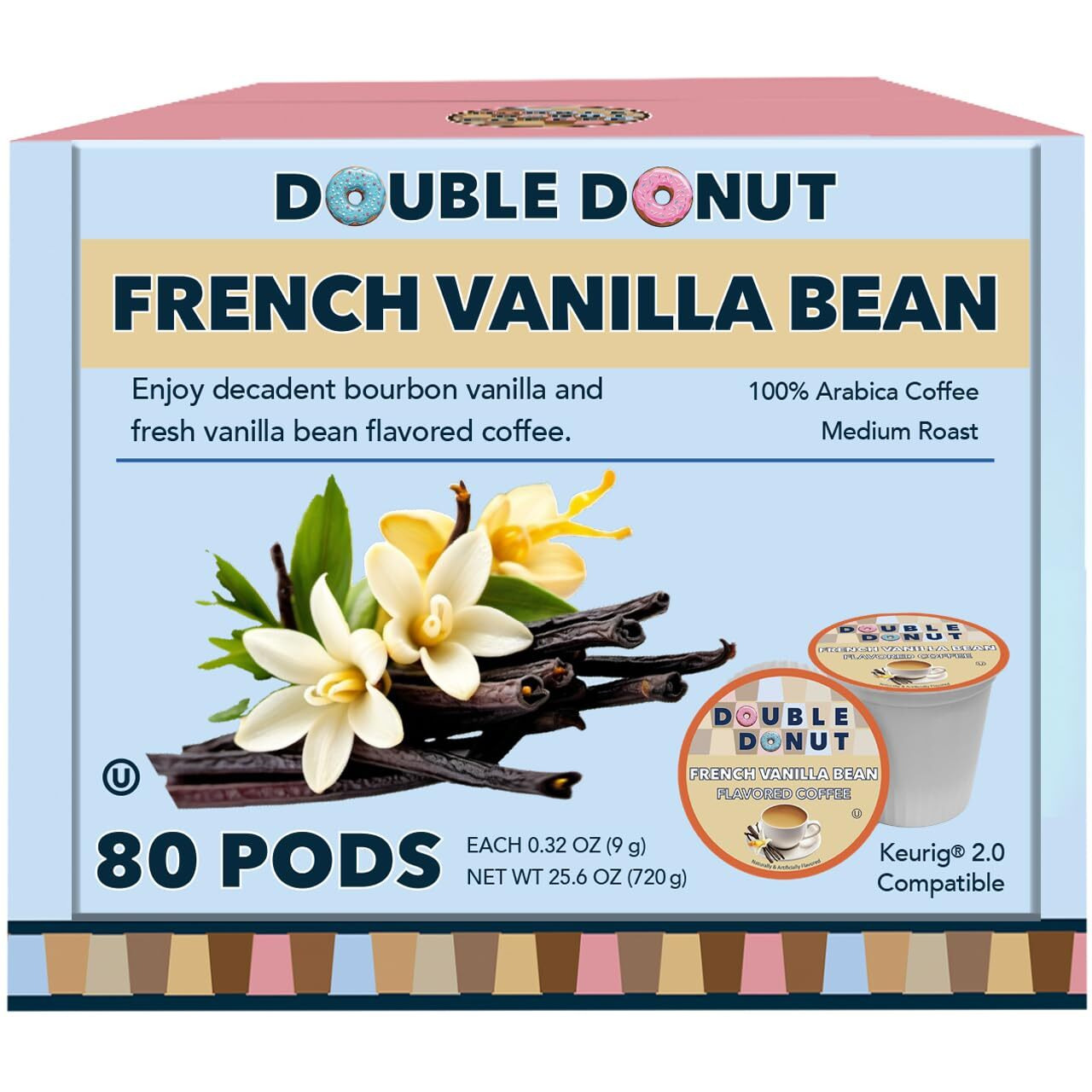 French Vanilla Coffee Medium Roast Flavored Coffee Pods For Keurig K Cups Makers From Double Donut, 80 Count (Pack Of 1)