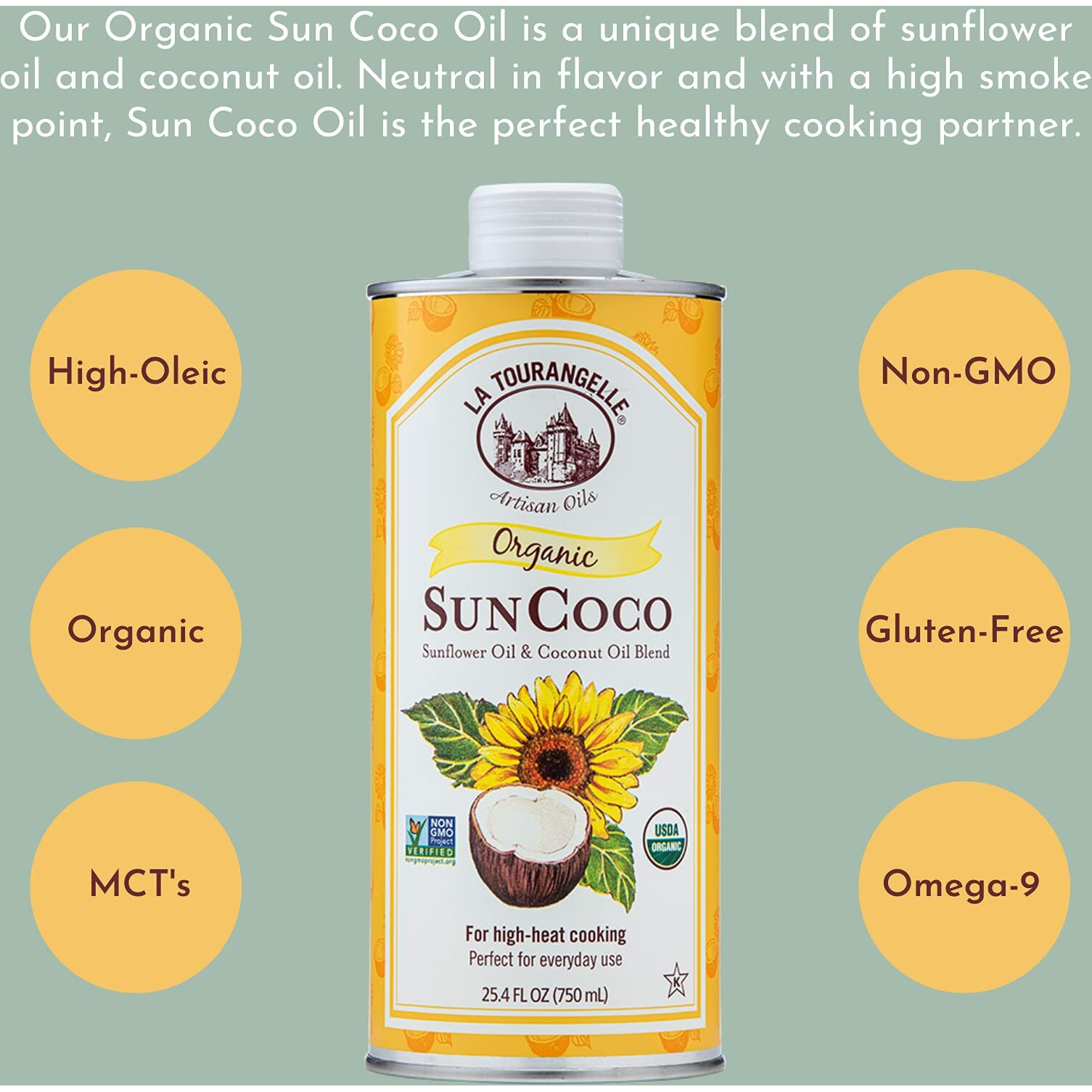 La Tourangelle, Organic Sun Coco Oil, Unique Blend Of Organic High-Oleic Sunflower Oil And Organic Refined Coconut Oil, Heat Heat Cooking And Diy Beauty, 25.4 Fl Oz