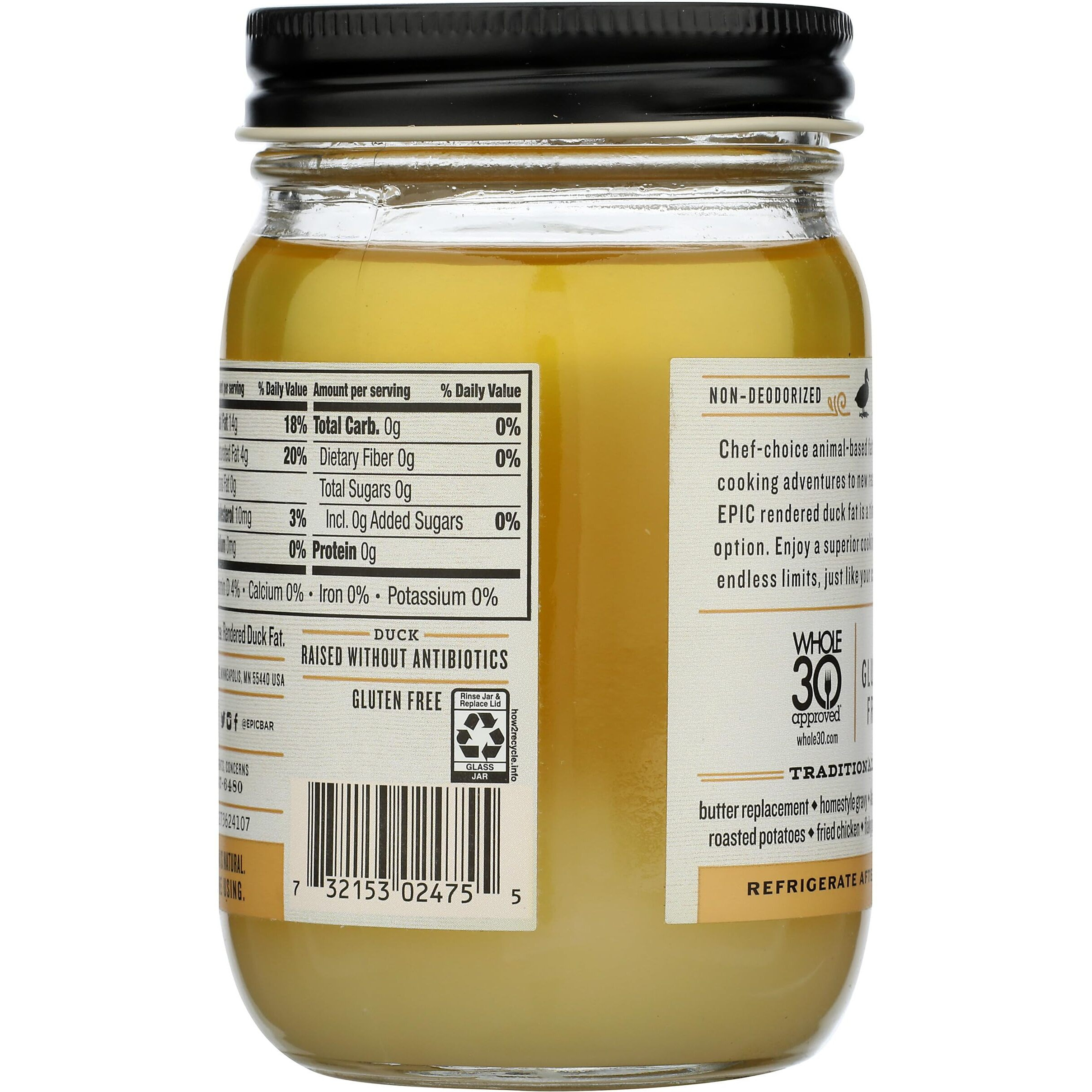 Epic Rendered Duck Fat, Keto And Paleo Friendly, Whole30 Approved, Gluten Free, 11 Oz Jar