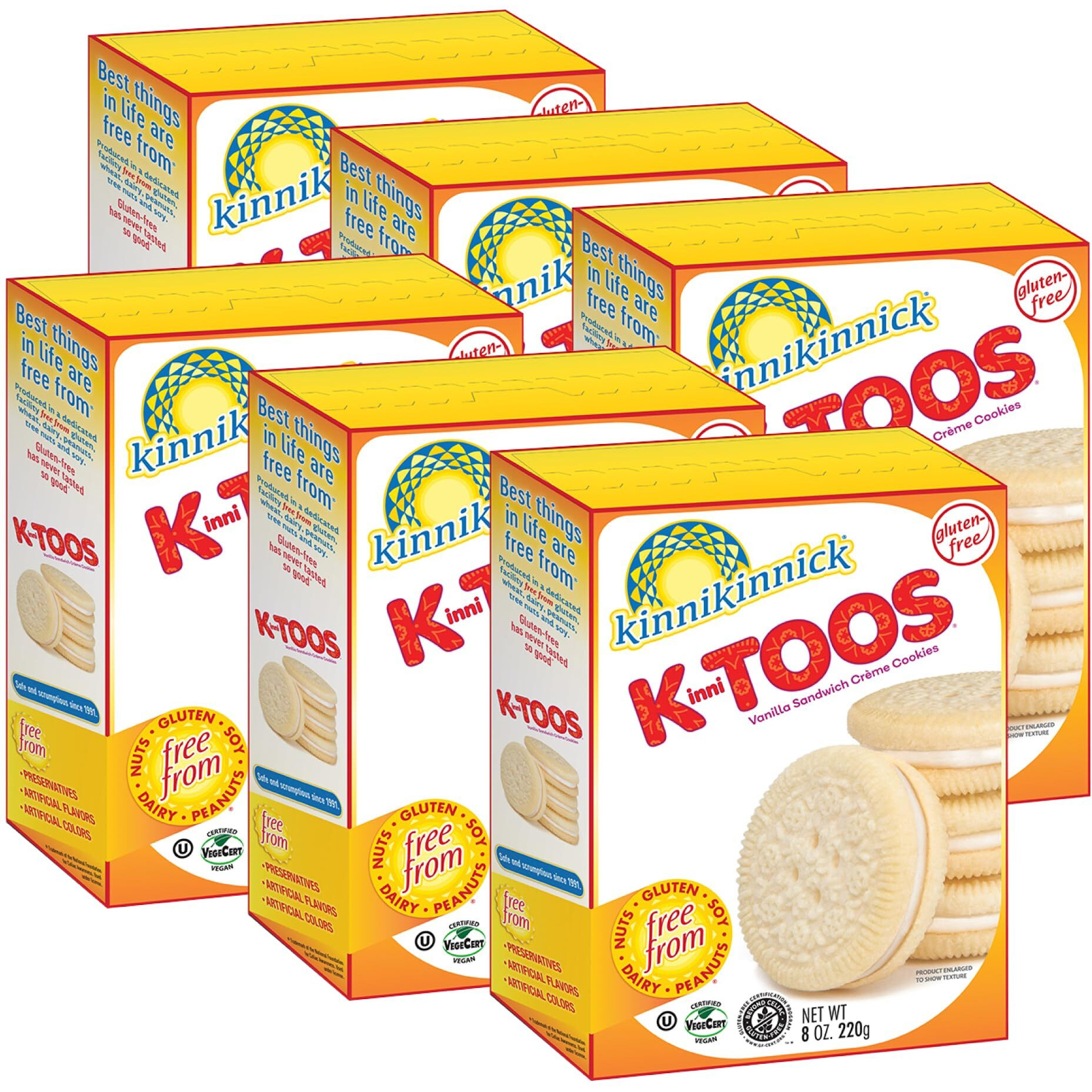 Kinnikinnick - Kinnitoos Vanilla Sandwich Cream Cookies - Gluten Free, Allergy Friendly Vegan Cookies - 8 Oz. Boxes - 6 Pack