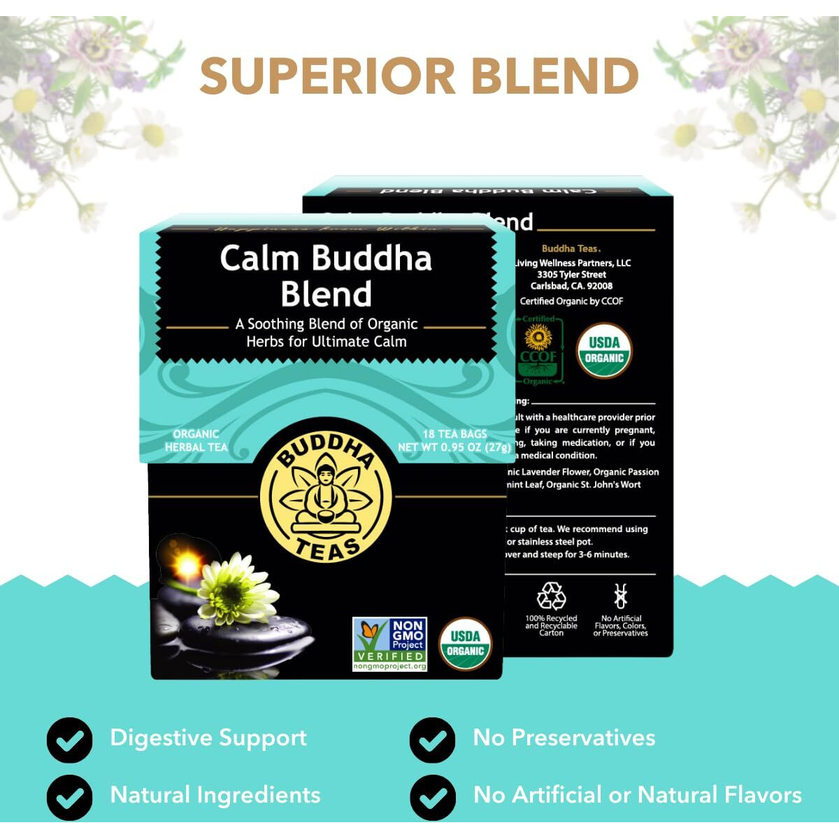 Buddha Teas - Calm Buddha Blend - Organic Herbal Tea - For Health & Wellbeing - Blend Of Organic Herbs - Clean Ingredients - Caffeine Free - Ou Kosher & Organic - Non-Gmo - 18 Bleach-Free Tea Bags