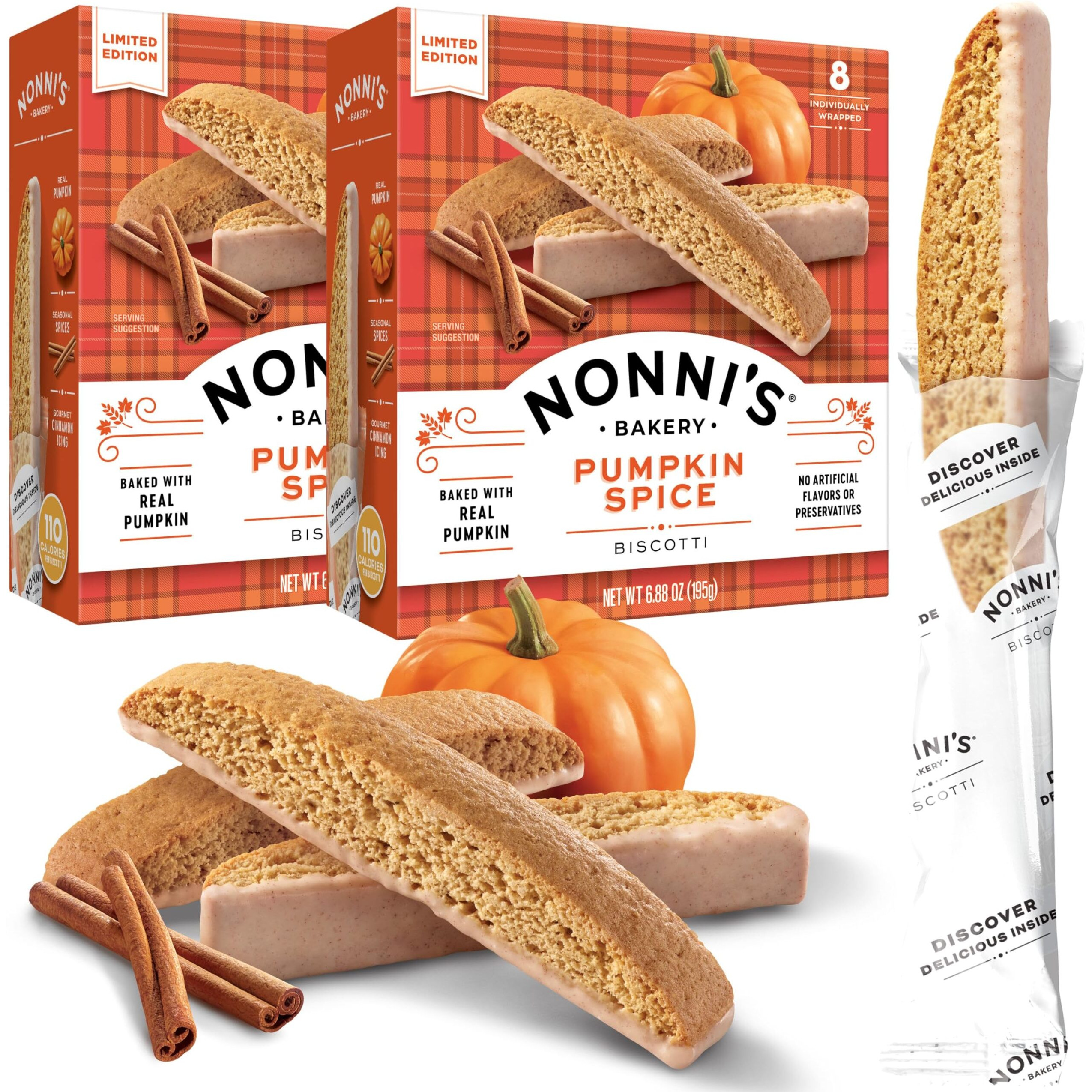 Nonni's Pumpkin Spice Biscotti Holiday Cookies - 2 Boxes Pumpkin Cookies - Pumpkin Biscotti W/Cinnamon Icing - Biscotti Individually Wrapped Pumpkin Spice Cookies - Kosher Coffee Cookies 6.88 Oz