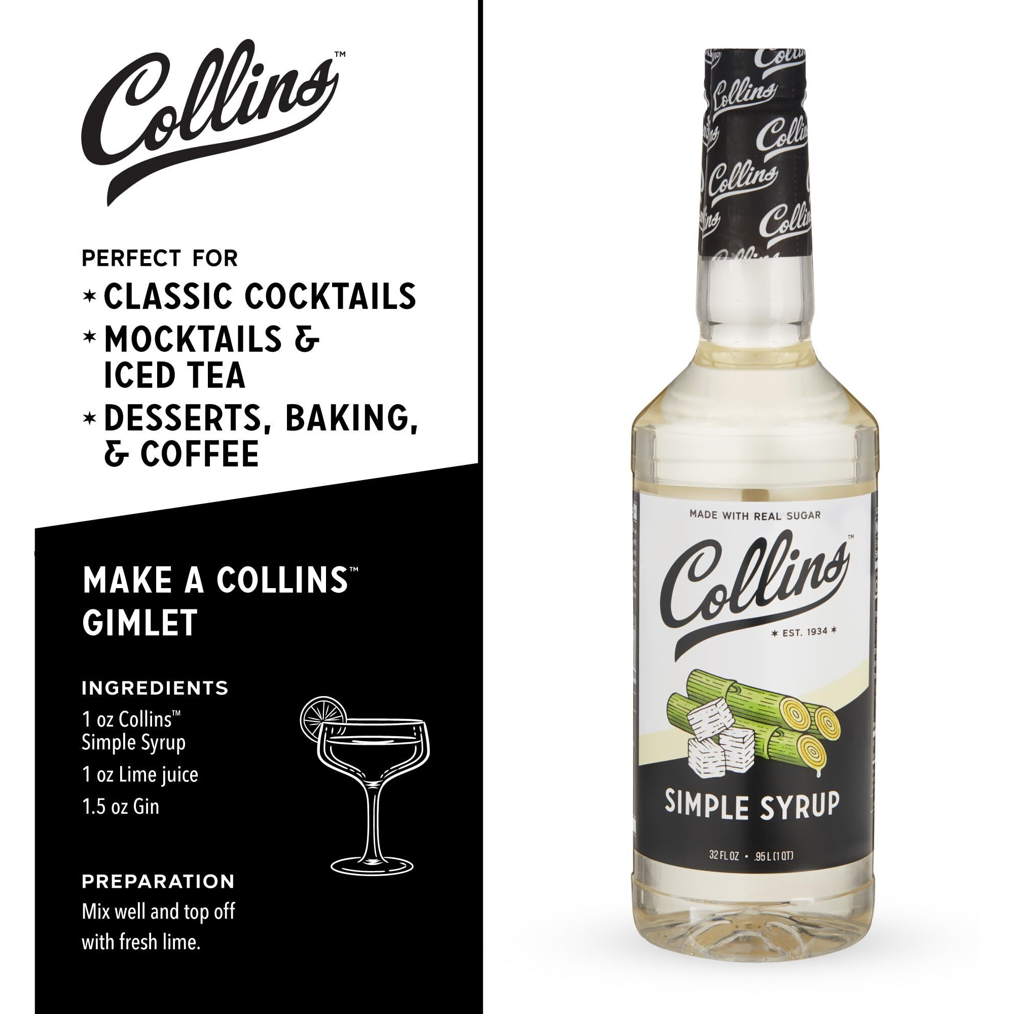 Collins Simple Syrup, Classic Simple Syrup, Real Sugar Cocktail Syrups, Soda Water Flavors, Cocktail Mixers, 32 Ounces, Set Of 1