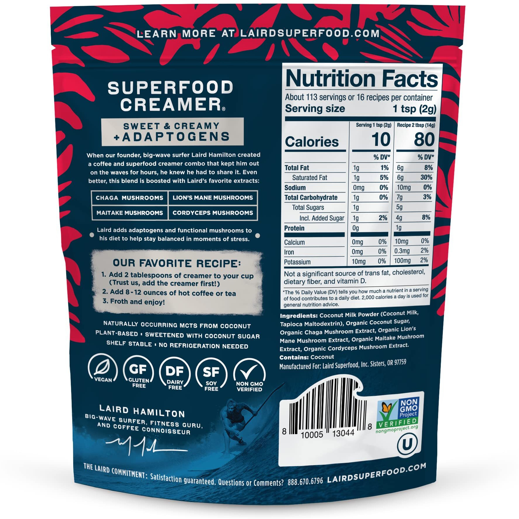 Laird Superfood Non-Dairy Coconut Powder Creamer - Sweet & Creamy + Adaptogens - Superfood Creamer With Functional Mushrooms - Non-Gmo, Vegan, 8 Oz. Bag, Pack Of 1