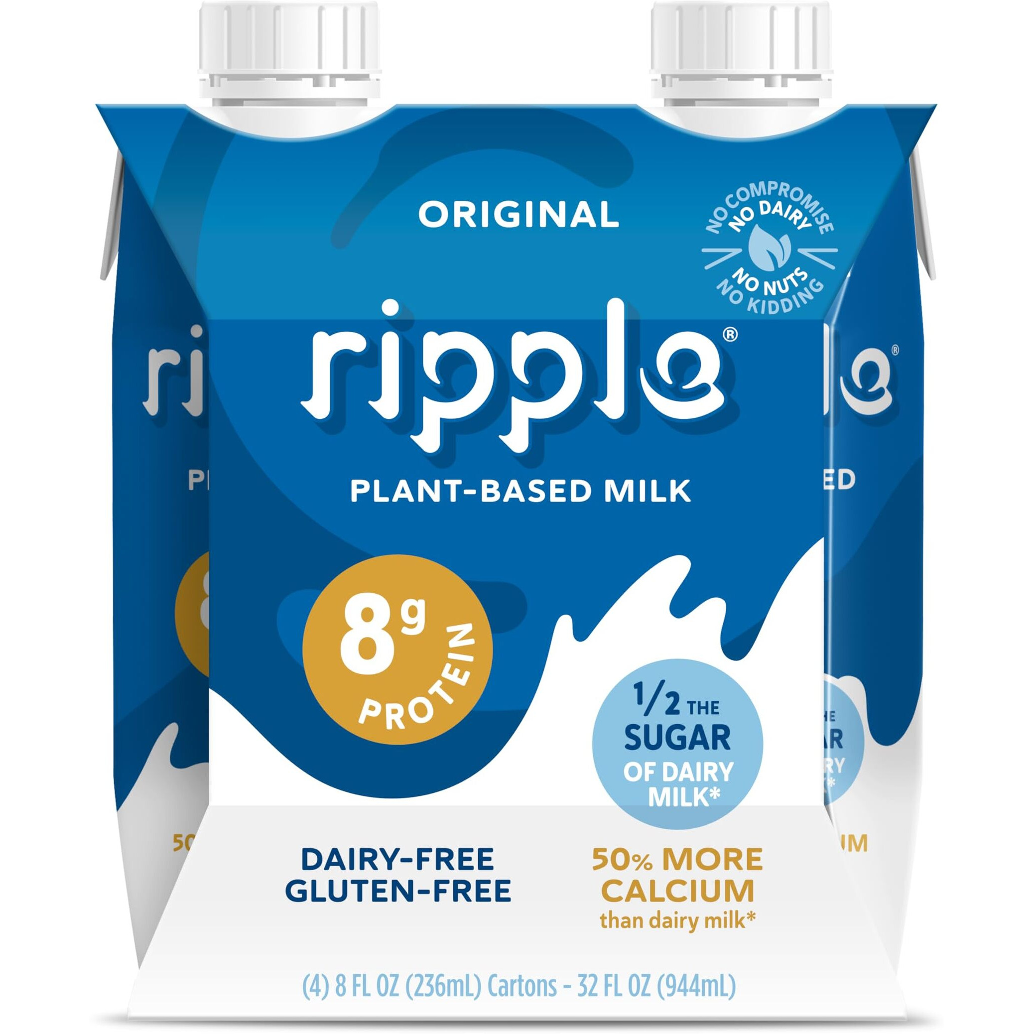 Ripple Non-Dairy Milk, Original | Vegan Milk With 8G Pea Protein| Shelf Stable Single Serve Cartons | On-The-Go | Non-Gmo, Plant Based, Gluten Free | 8 Oz, Pack Of 4
