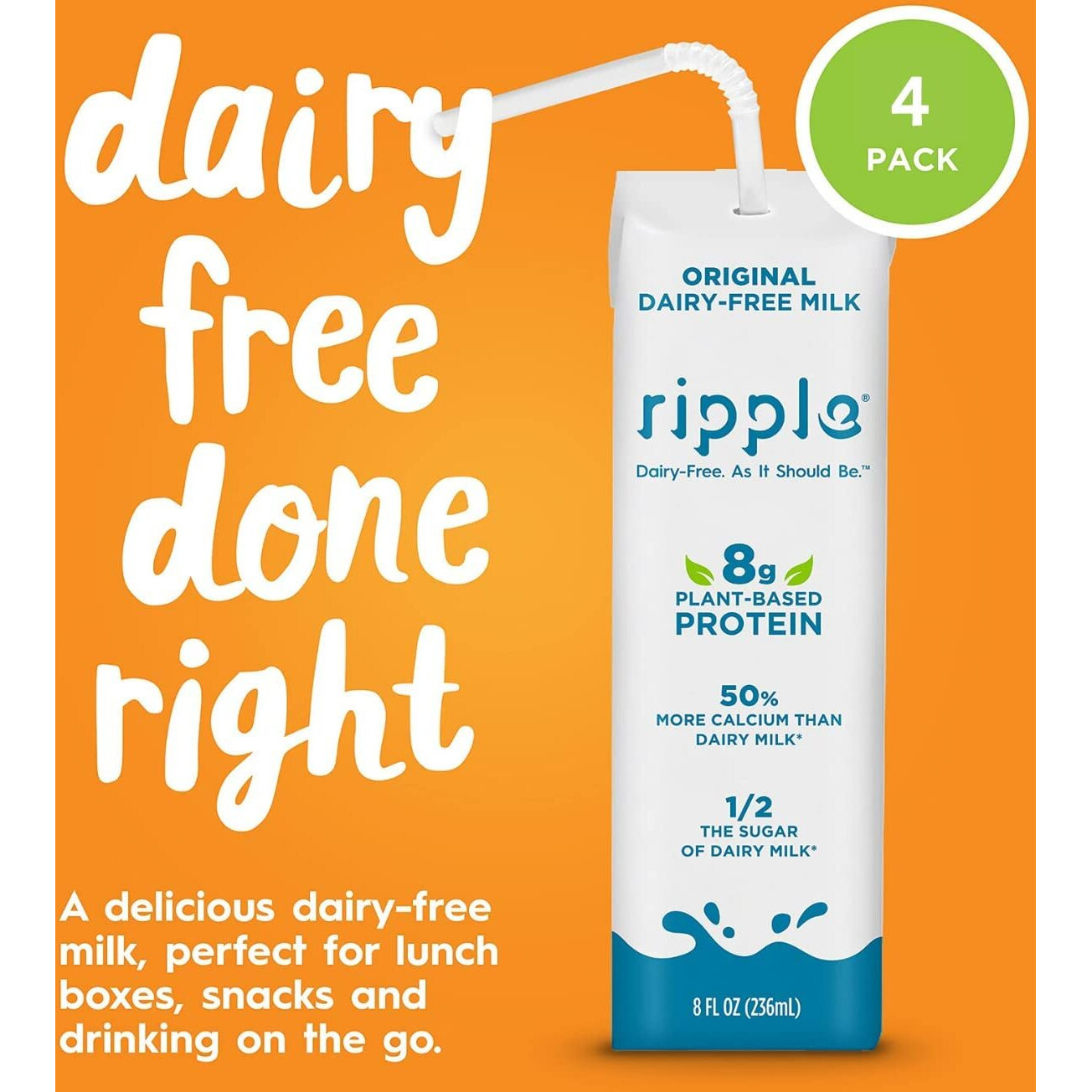 Ripple Non-Dairy Milk, Original | Vegan Milk With 8G Pea Protein| Shelf Stable Single Serve Cartons | On-The-Go | Non-Gmo, Plant Based, Gluten Free | 8 Oz, Pack Of 4