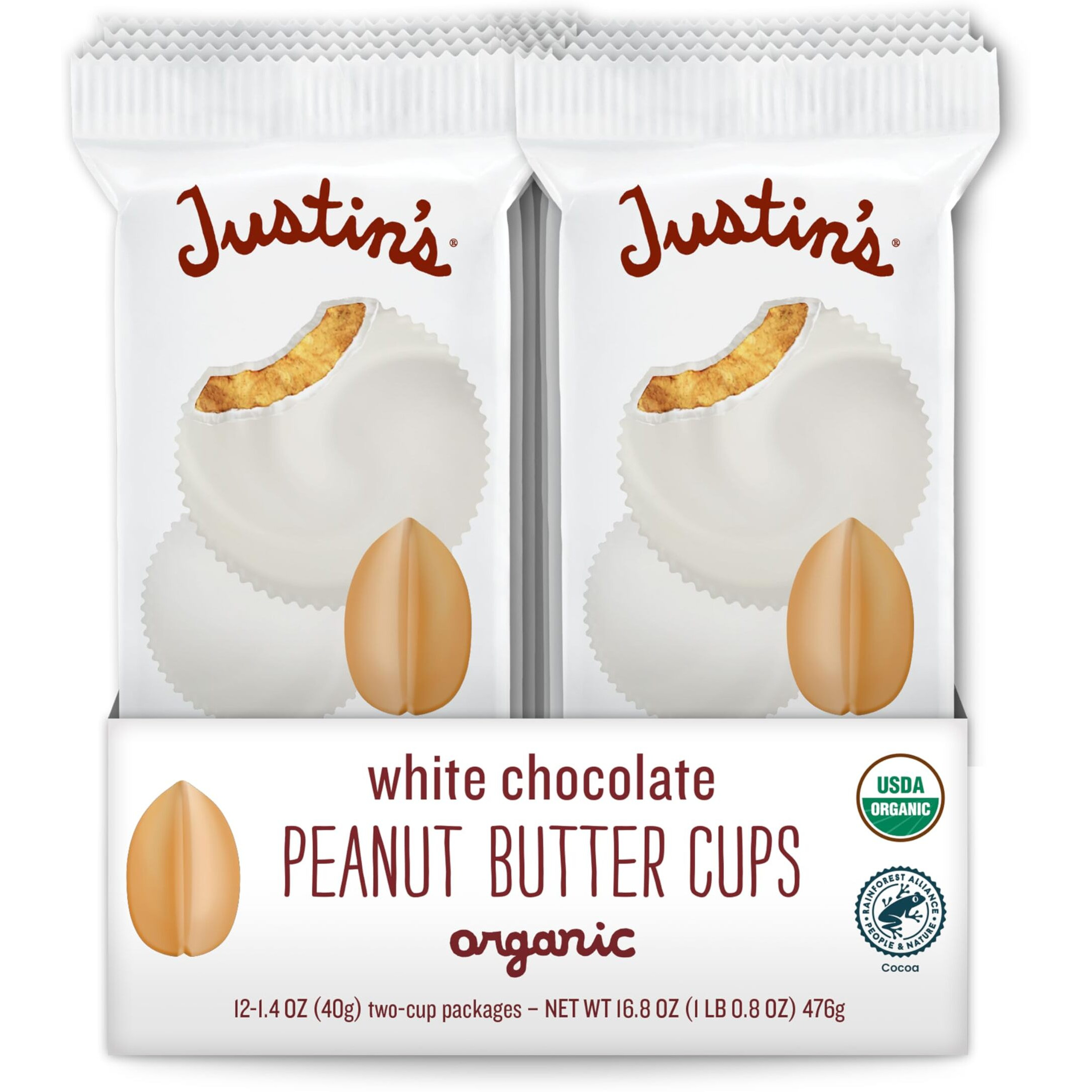 Justin's Organic White Chocolate Peanut Butter Cups, Rainforest Alliance Certified Cocoa, Gluten-Free, Responsibly Sourced, 1.4 Ounce (Pack Of 12)