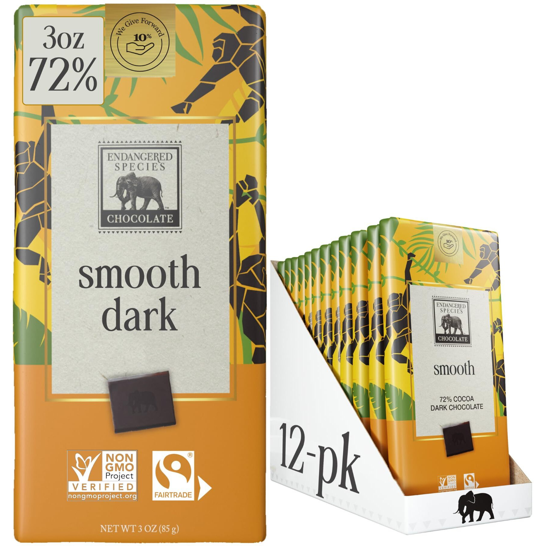 Endangered Species Chocolate Chimpanzee, Natural Dark Chocolate (72%), 3-Ounce Bars (Pack Of 12)