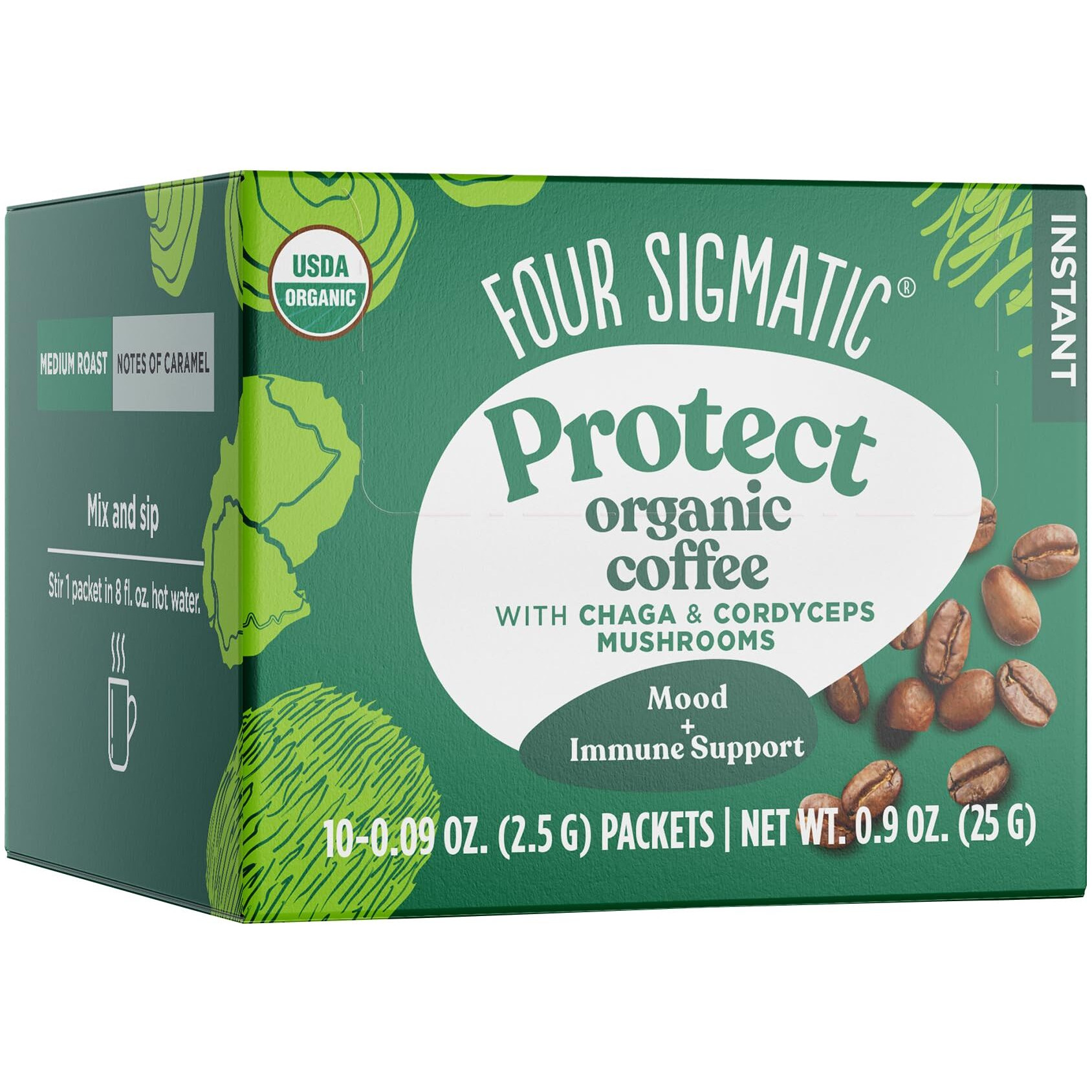 Organic Instant Coffee Powder By Four Sigmatic | Arabica Instant Coffee Singles With Cordyceps, Chaga And Eleuthero | Mushroom Coffee Instant Mix For Better Focus And Immune Support | 10 Packets