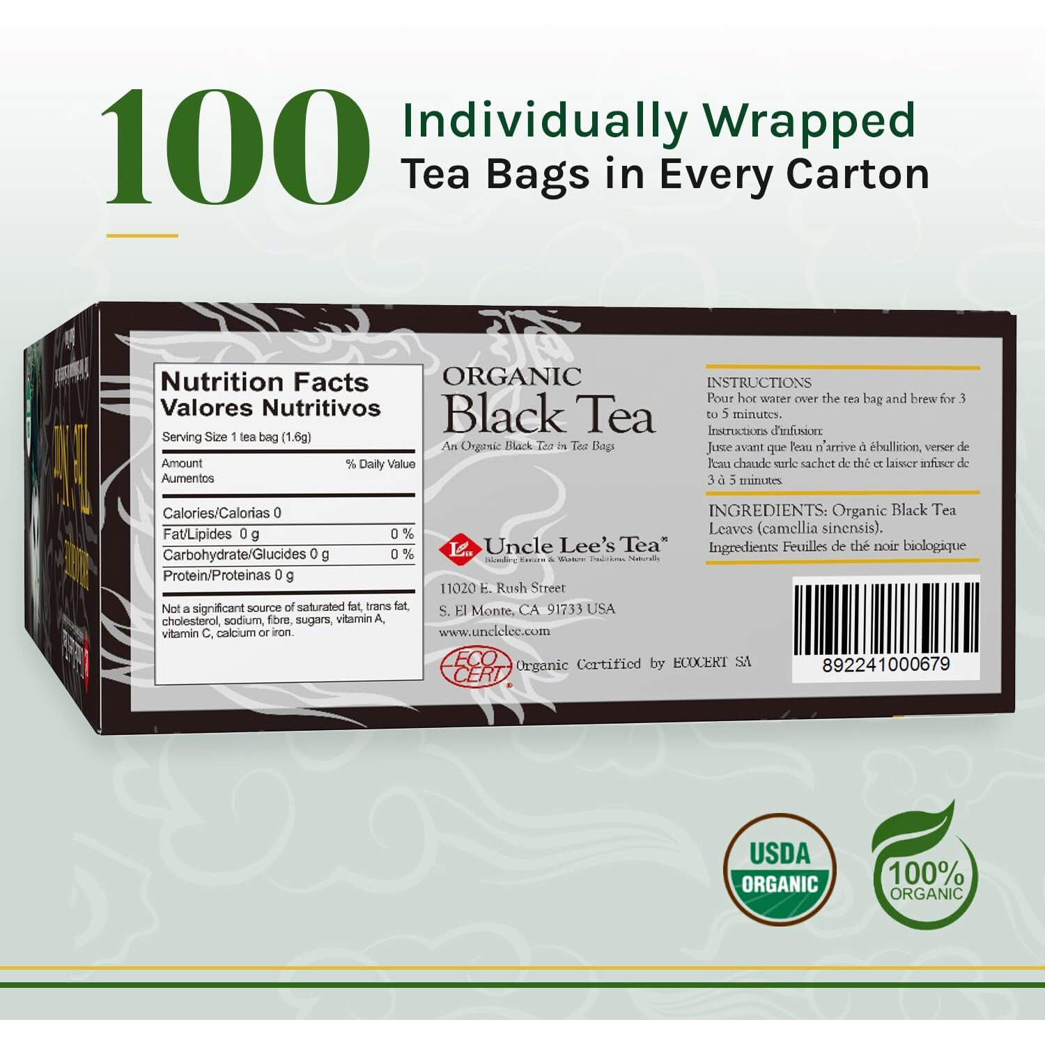 Uncle Lee's Tea Organic Black Tea - Premium Tea, Full-Bodied, Caffeinated Coffee Alternative, Robust Black Tea Bags, Individually Wrapped 100 Count (Pack Of 4)