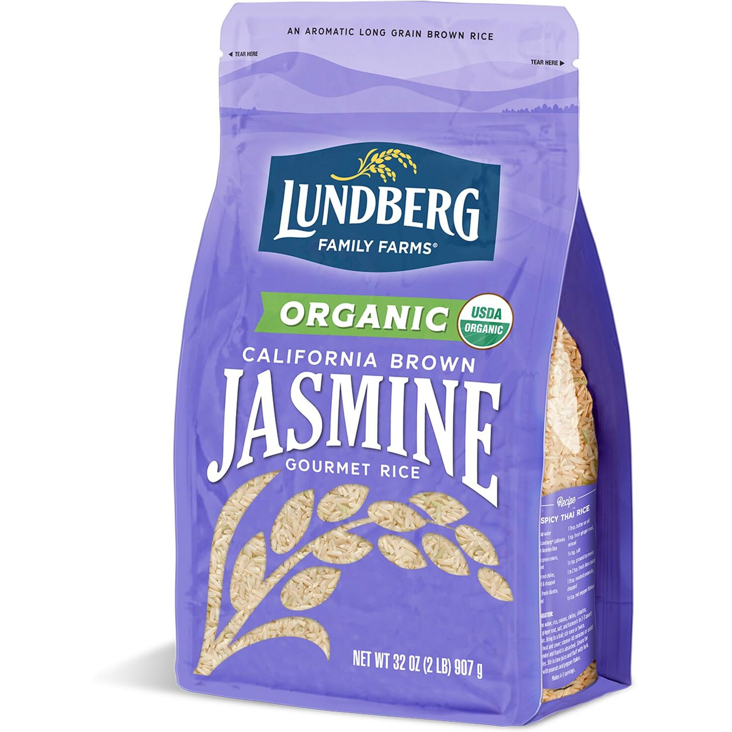 Lundberg Organic Jasmine Rice, Long Grain Brown Rice - Non-Sticky, Fluffy Aromatic Rice, Organically Grown In California, Pantry Staples, 32 Oz