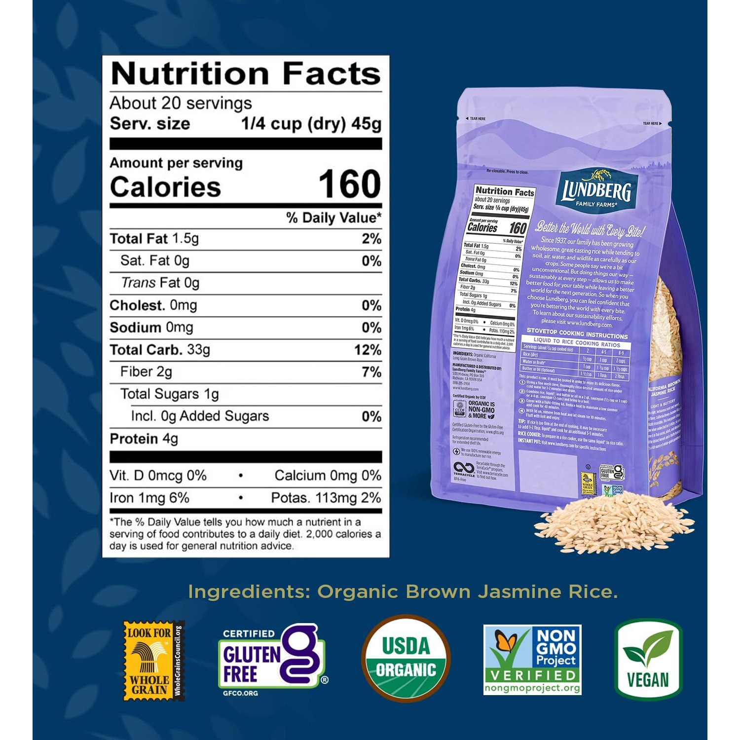 Lundberg Organic Jasmine Rice, Long Grain Brown Rice - Non-Sticky, Fluffy Aromatic Rice, Organically Grown In California, Pantry Staples, 32 Oz