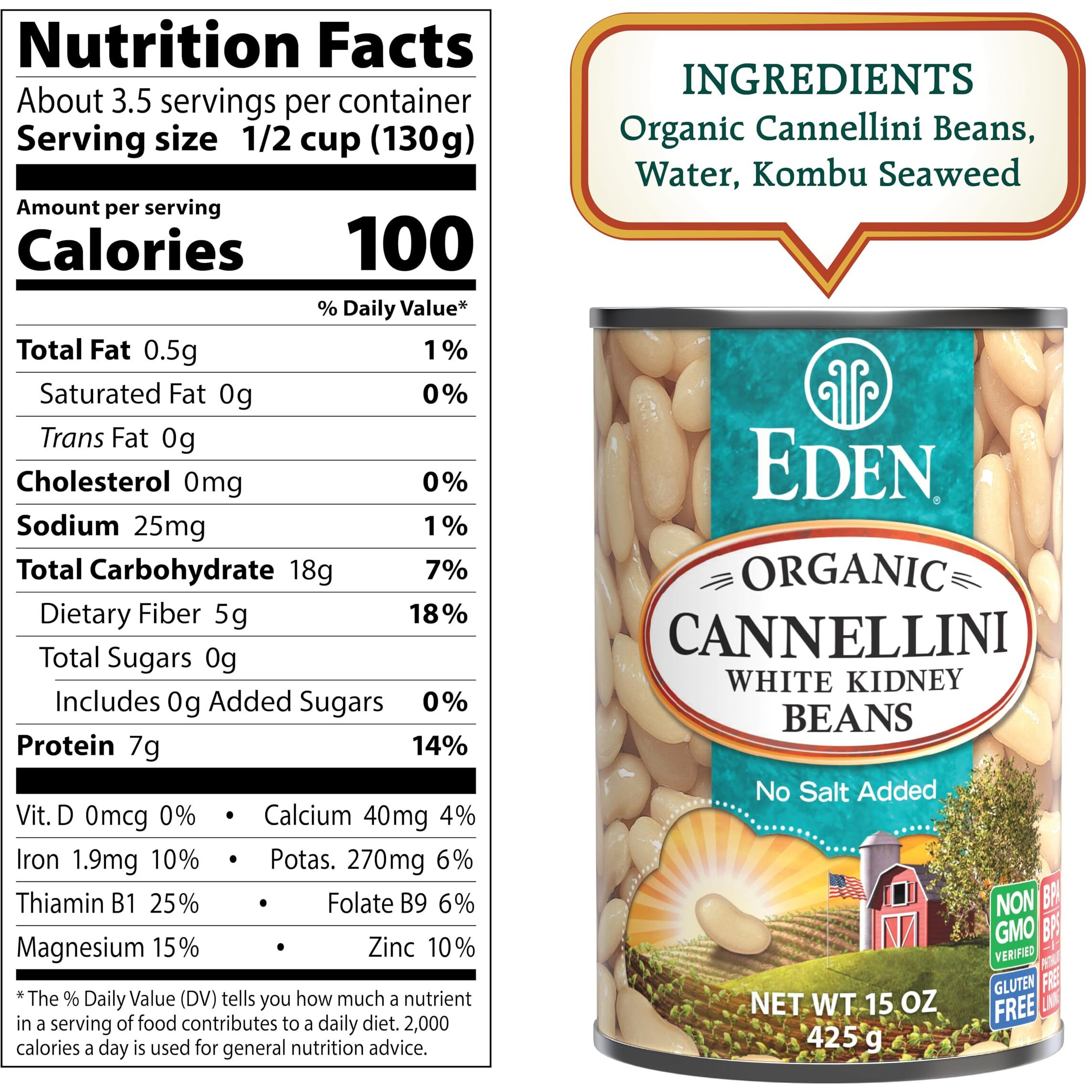 Eden Organic Cannellini White Kidney Beans, No Salt Added, 15-Ounce Cans (Pack Of 12)