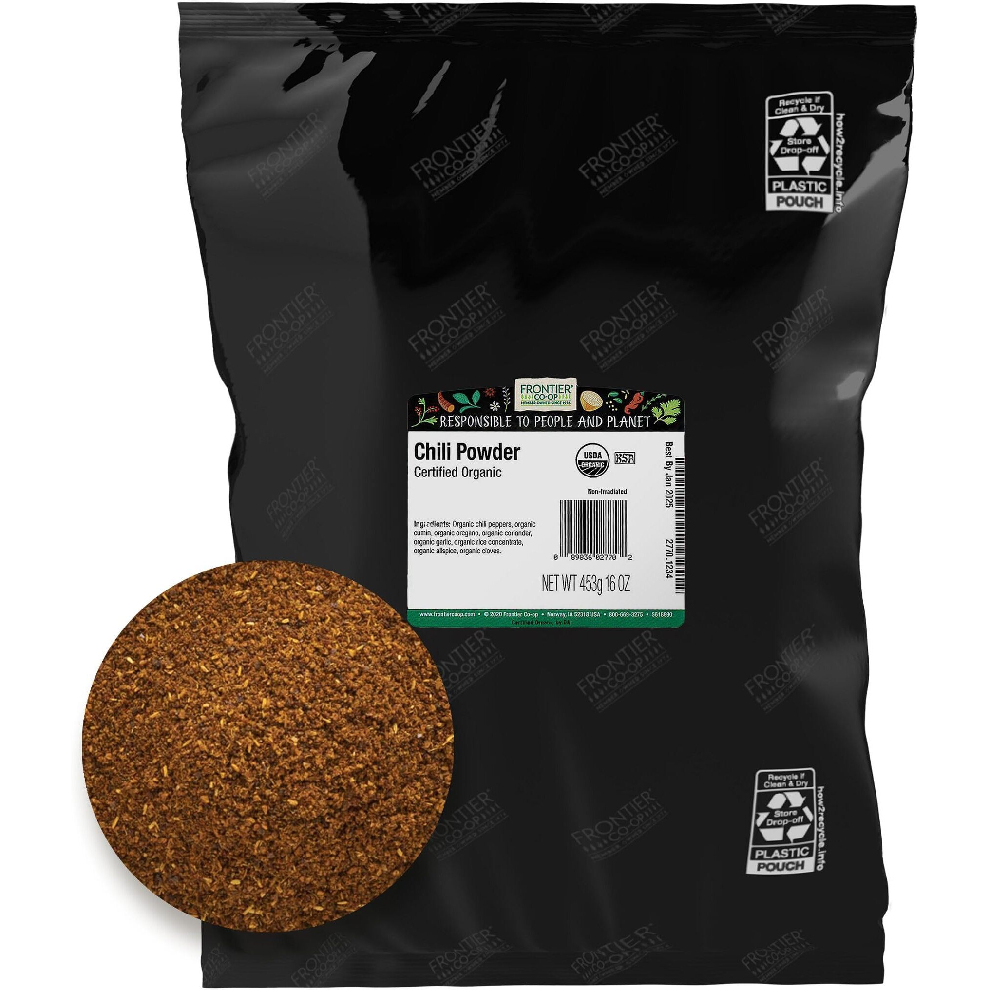 Frontier Co-Op Organic Chili Powder Seasoning, 1 Pound, Mild To Moderatly Spicy, Sweet, Tangy, Zesty, Kosher, Salt Free