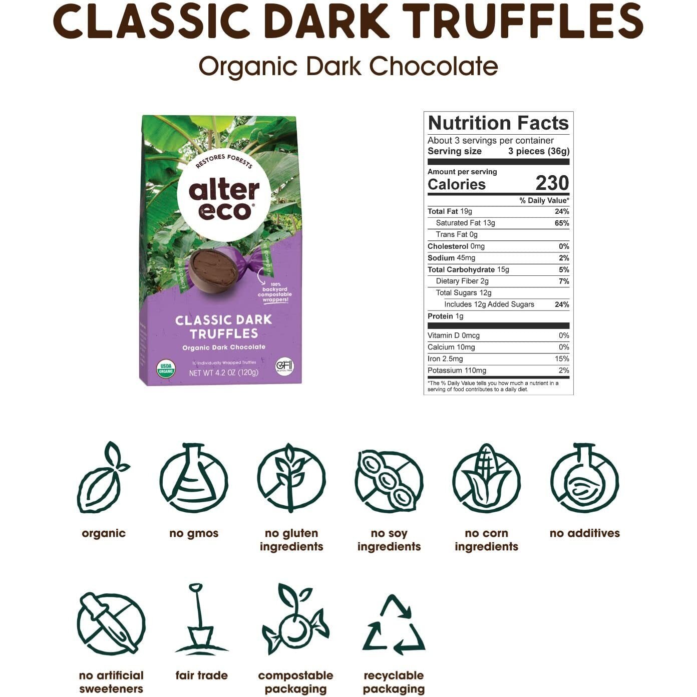 Alter Eco |Classic Dark Chocolate Truffles | Pure Dark Cocoa, Fair Trade, Organic, Non-Gmo, Gluten Free (10 Count (Pack Of 1))