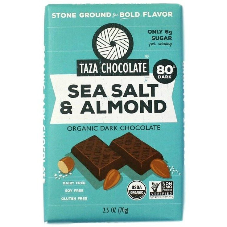 Taza Chocolate Organic Amaze Bar 80% Stone Ground, Sea Salt & Almond, 2.5 Ounce (1 Count), Vegan