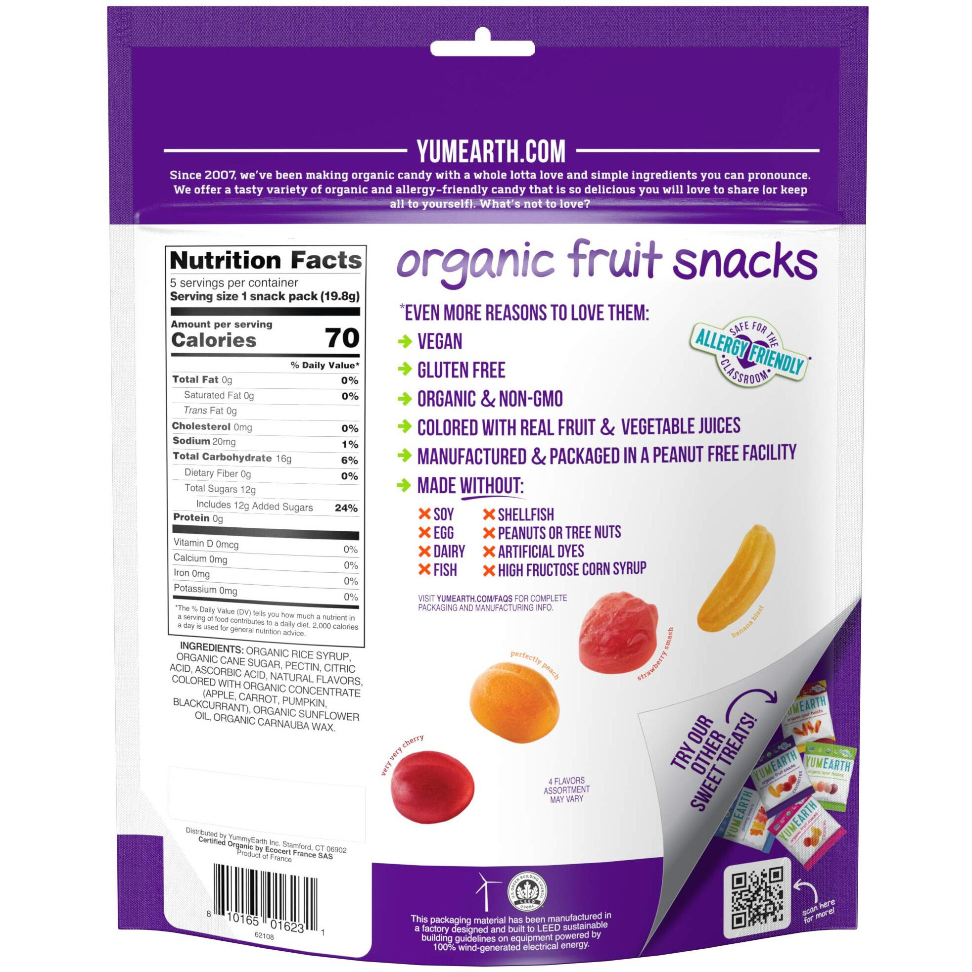 Yumearth Organic Fruit Snacks, 5- 0.7Oz. Fruit Flavored Snack Packs, Allergy Friendly, Gluten Free, Non-Gmo, Vegan, No Artificial Flavors Or Dyes