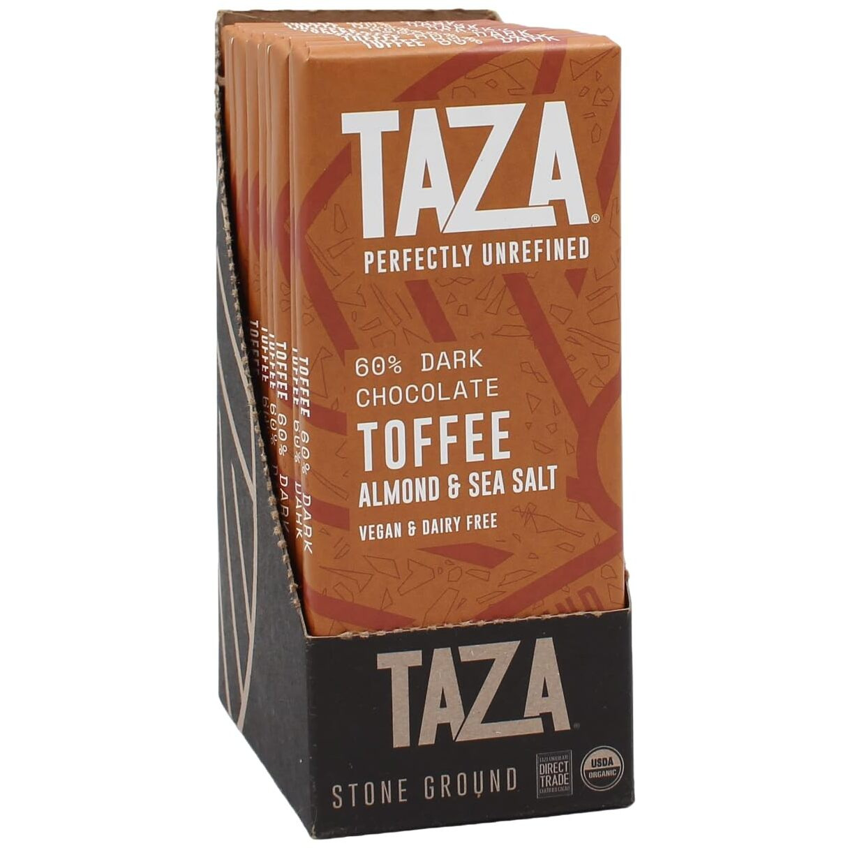 Taza Chocolate Organic Amaze Bar 60% Stone Ground, Toffee Almond Sea Salt, 2.5 Ounce (10 Count), Vegan