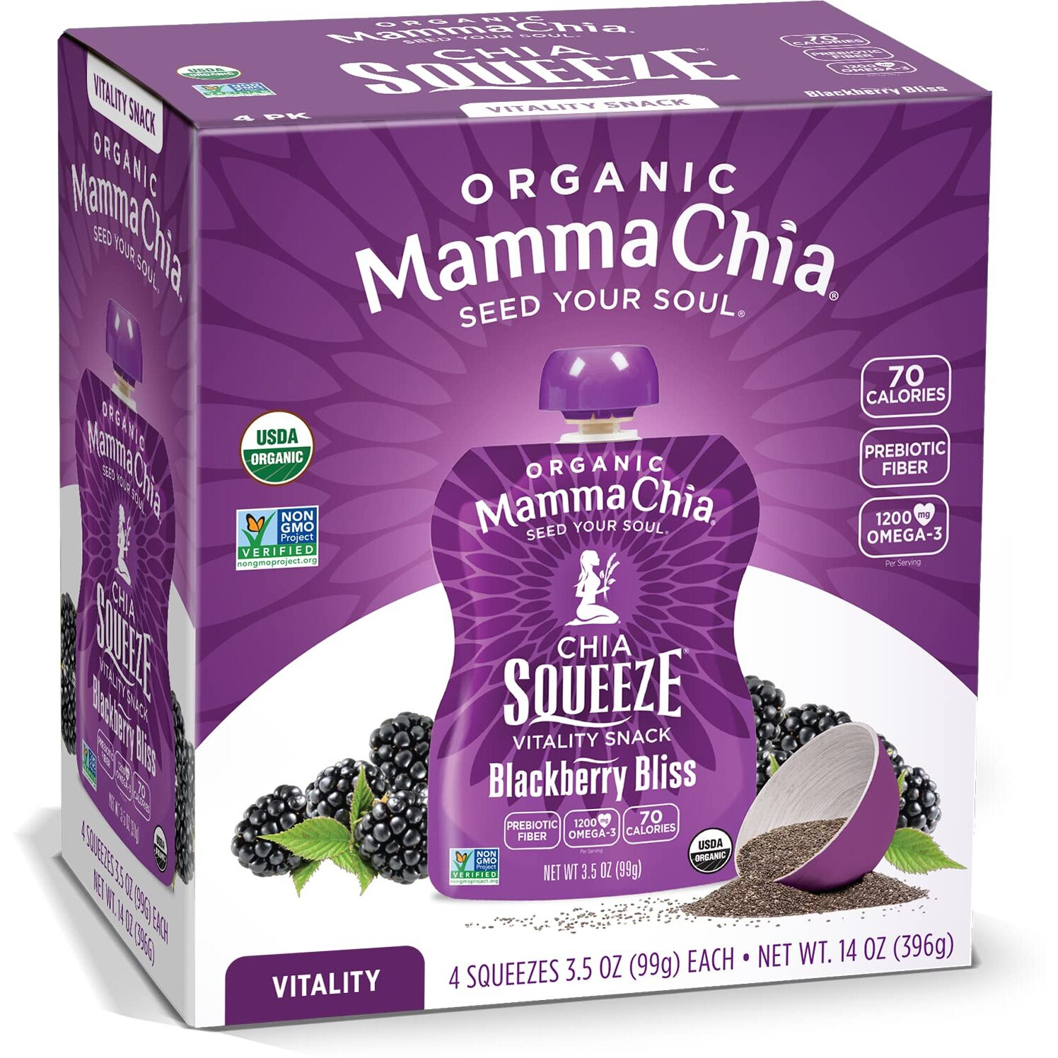 Mamma Chia Organic Vitality Squeeze Snack, Blackberry Bliss, Usda Organic, Non-Gmo, Vegan, Gluten Free, And Kosher. Fruit And Vegetables With Only 70 Calories. 3.5 Ounce (Pack Of 4)