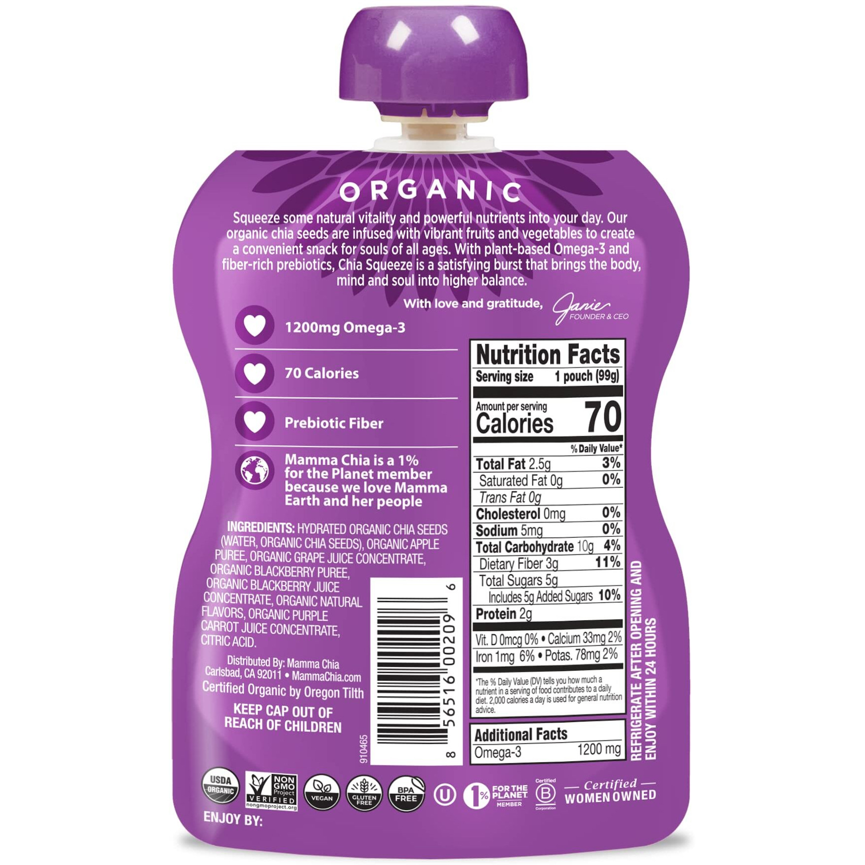 Mamma Chia Organic Vitality Squeeze Snack, Blackberry Bliss, Usda Organic, Non-Gmo, Vegan, Gluten Free, And Kosher. Fruit And Vegetables With Only 70 Calories. 3.5 Ounce (Pack Of 4)